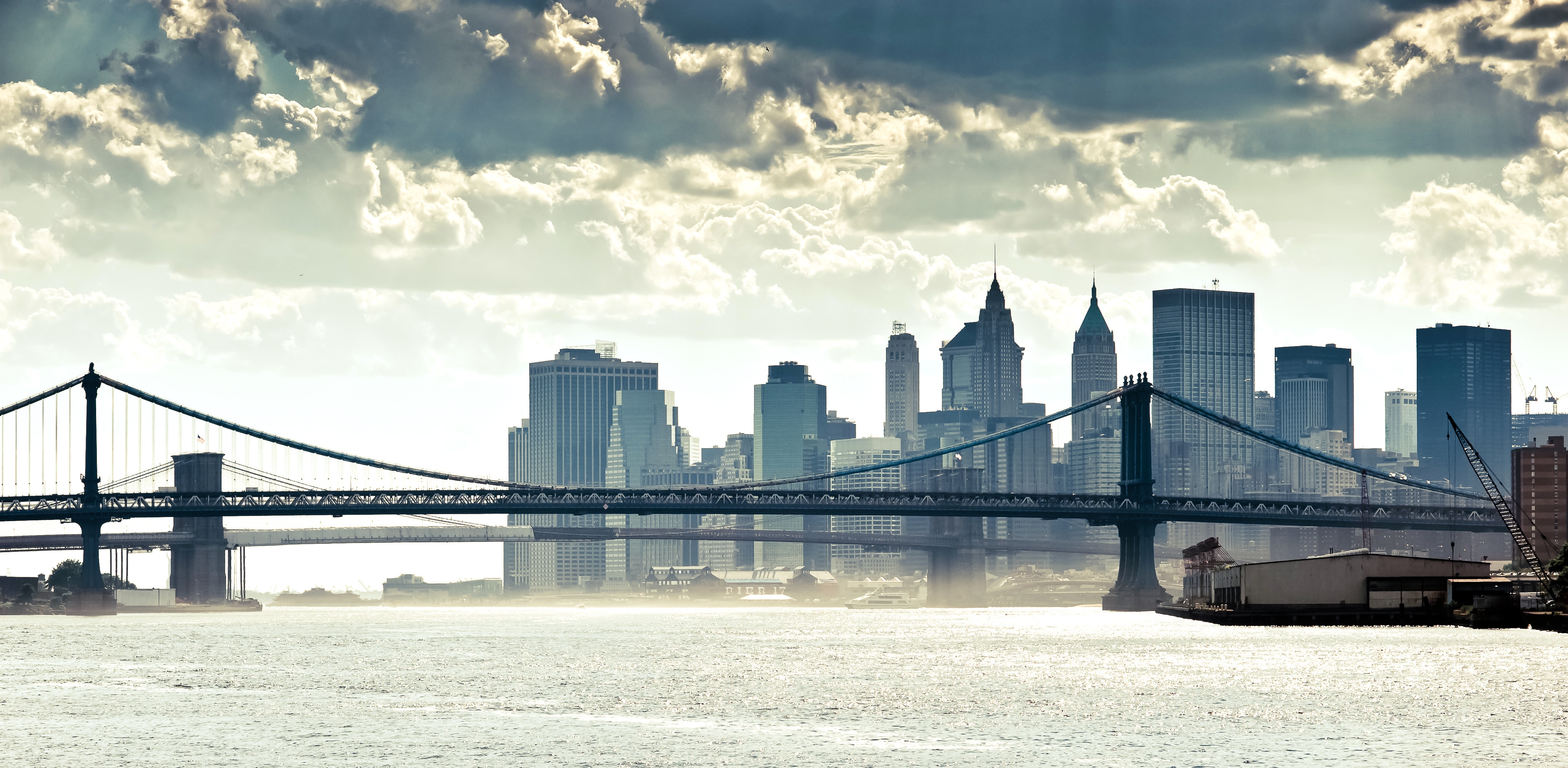 Скачать обои бесплатно Панорама, Мост, Манхеттен, Нью Йорк, Река, Города картинка на рабочий стол ПК