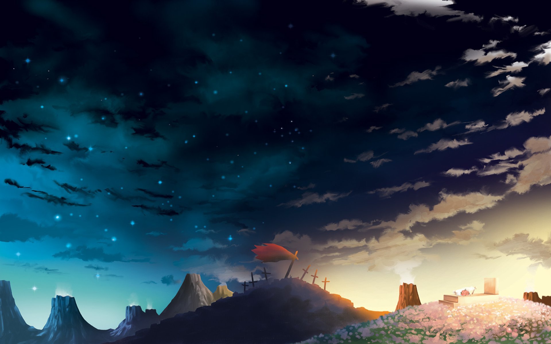 tengen toppa gurren lagann, anime, grave, hill, landscape, sky Smartphone Background