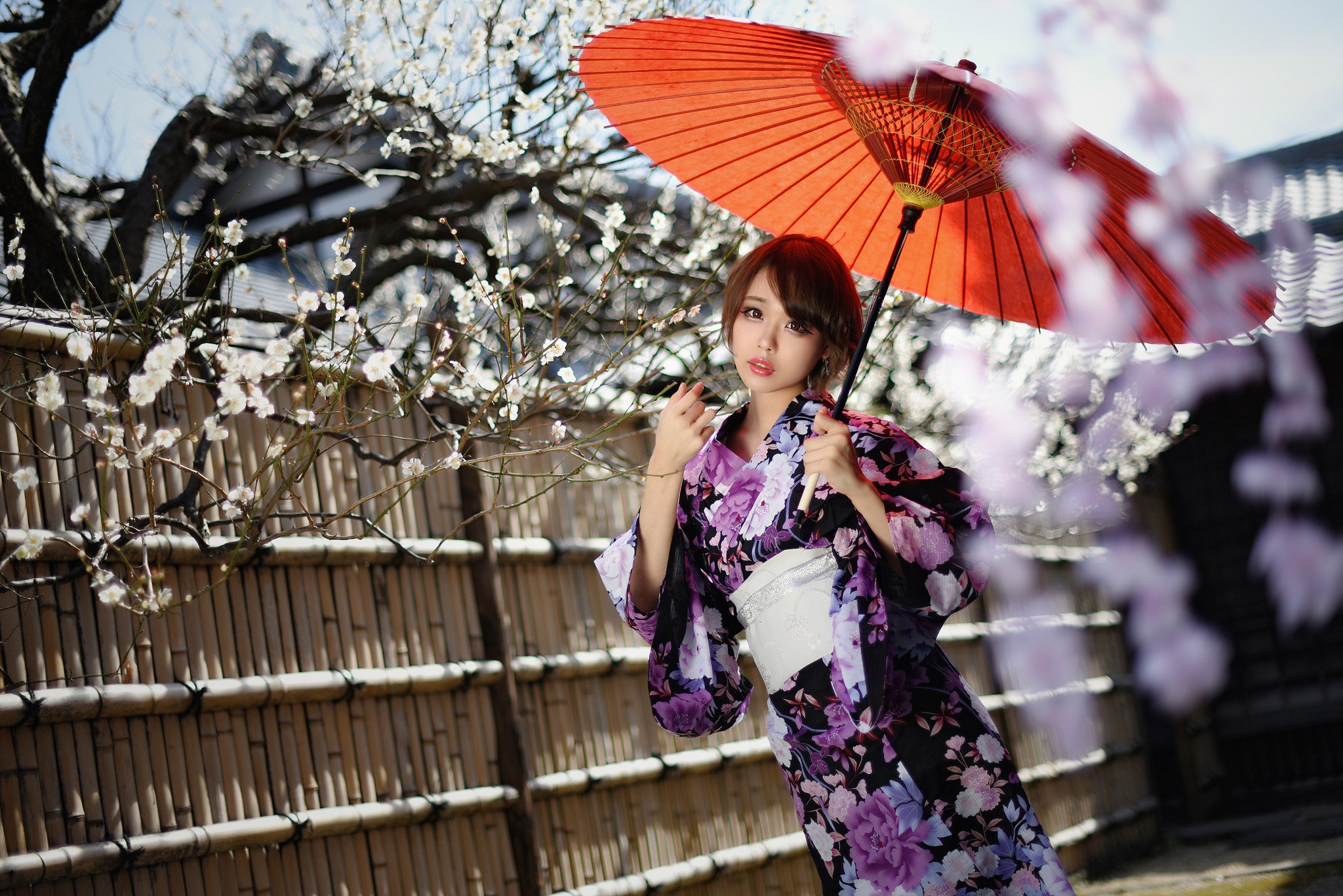 Free download wallpaper Umbrella, Kimono, Brunette, Model, Women, Asian, Short Hair on your PC desktop