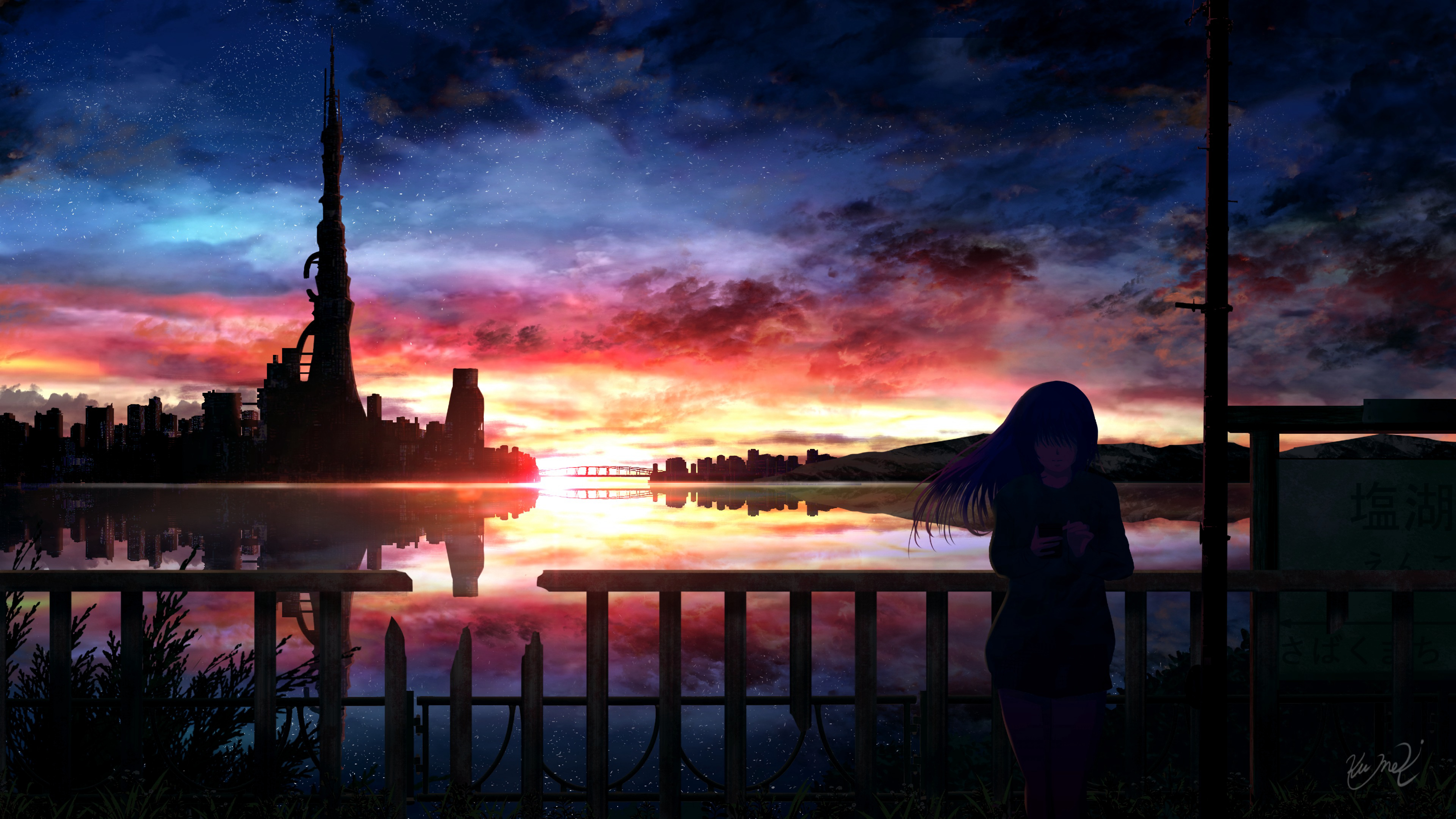 anime, night, silhouette, girl, starry sky QHD