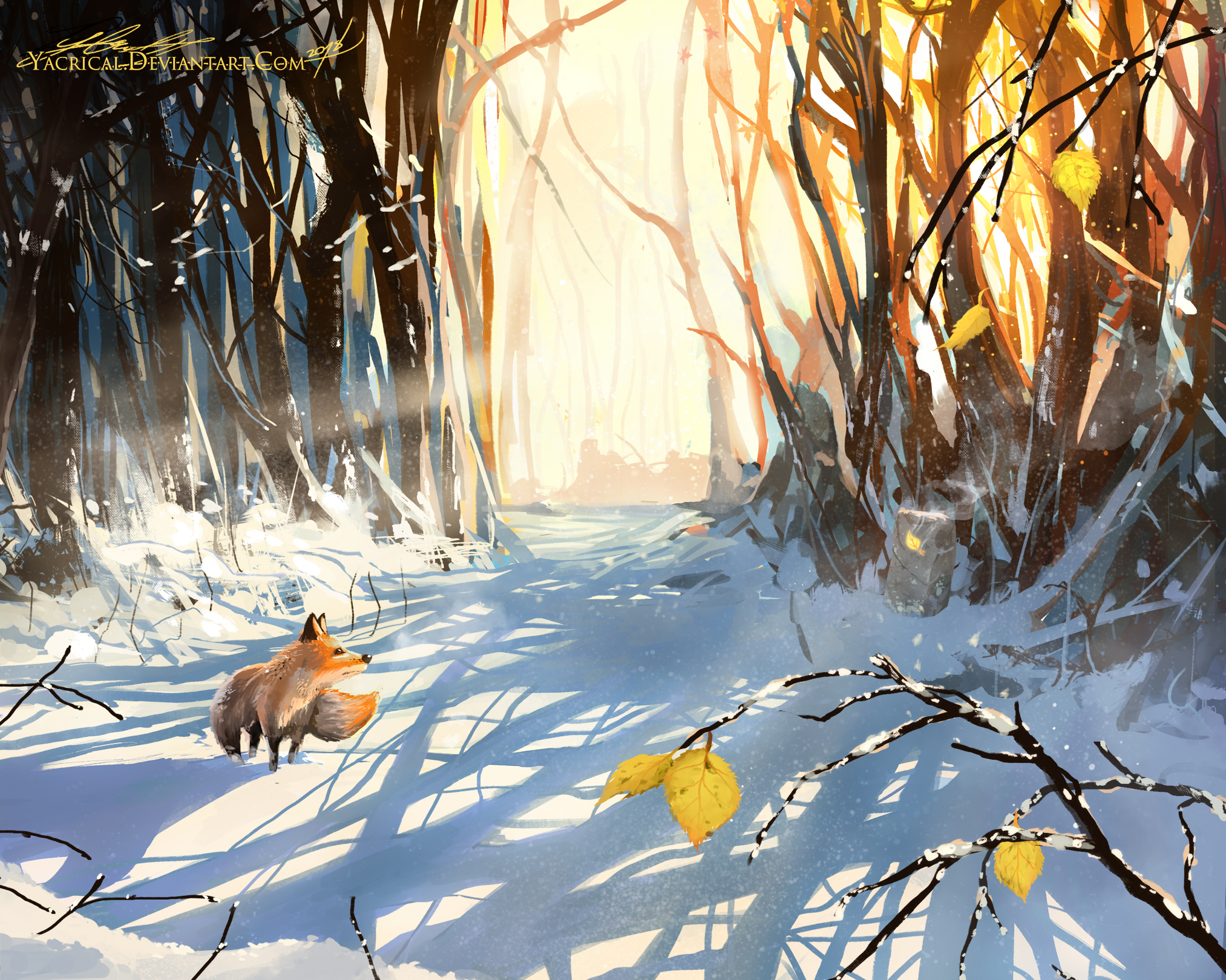 Лиса в зимнем лесу арт