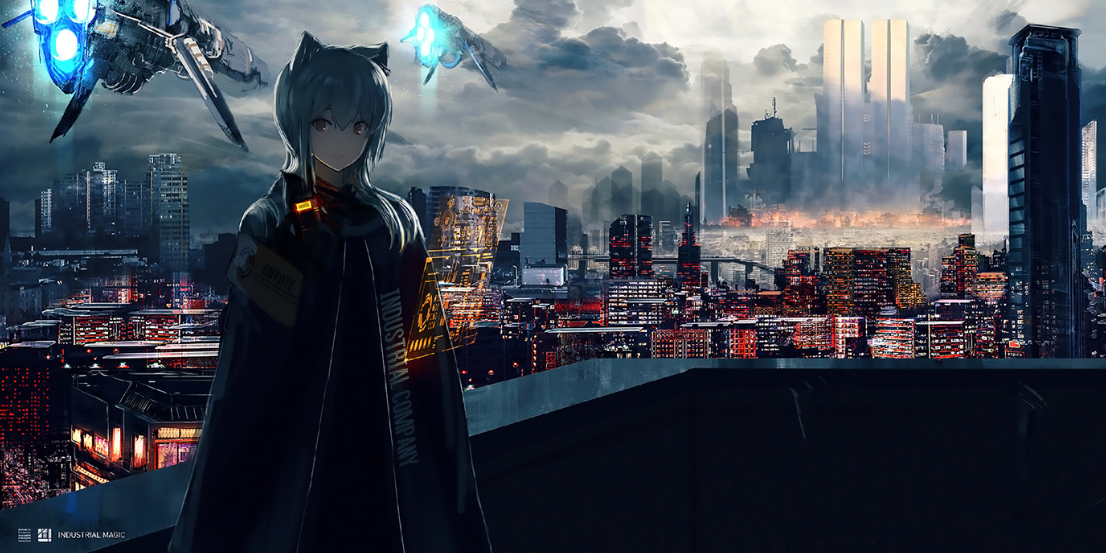 anime, original, building, city, cloak, cloud, drone, nekomimi, sci fi Desktop Wallpaper