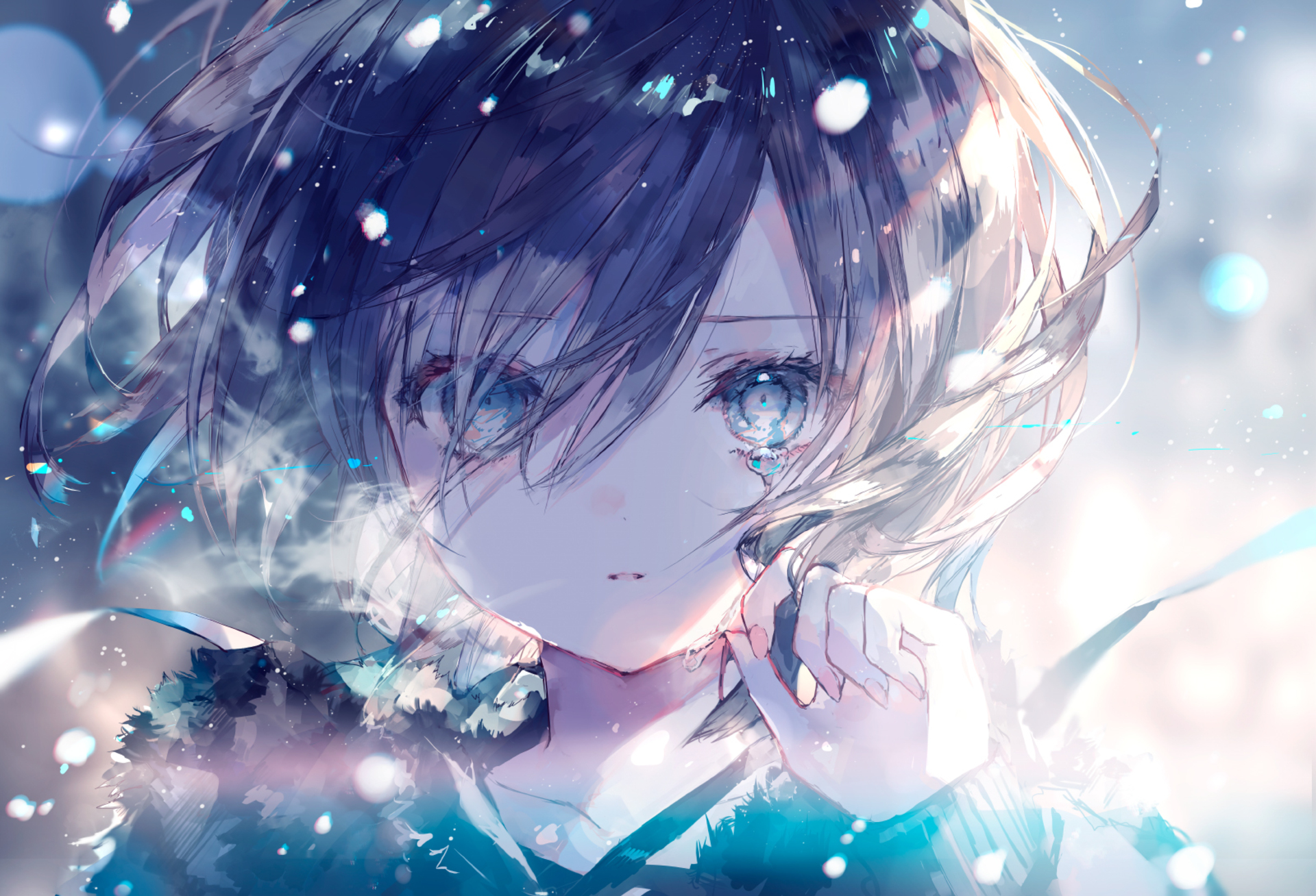 anime, original, snowfall, tears, wind