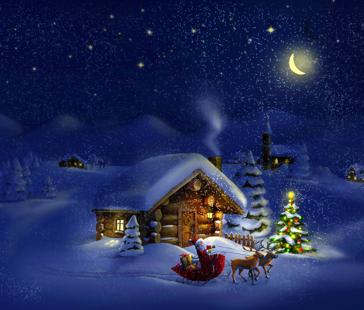 1359463 Bild herunterladen feiertage, weihnachten, hütte, kabine, weihnachtsbaum, rentier, schnee, schneefall, schlitten, weihnachtsmann, nacht - Hintergrundbilder und Bildschirmschoner kostenlos