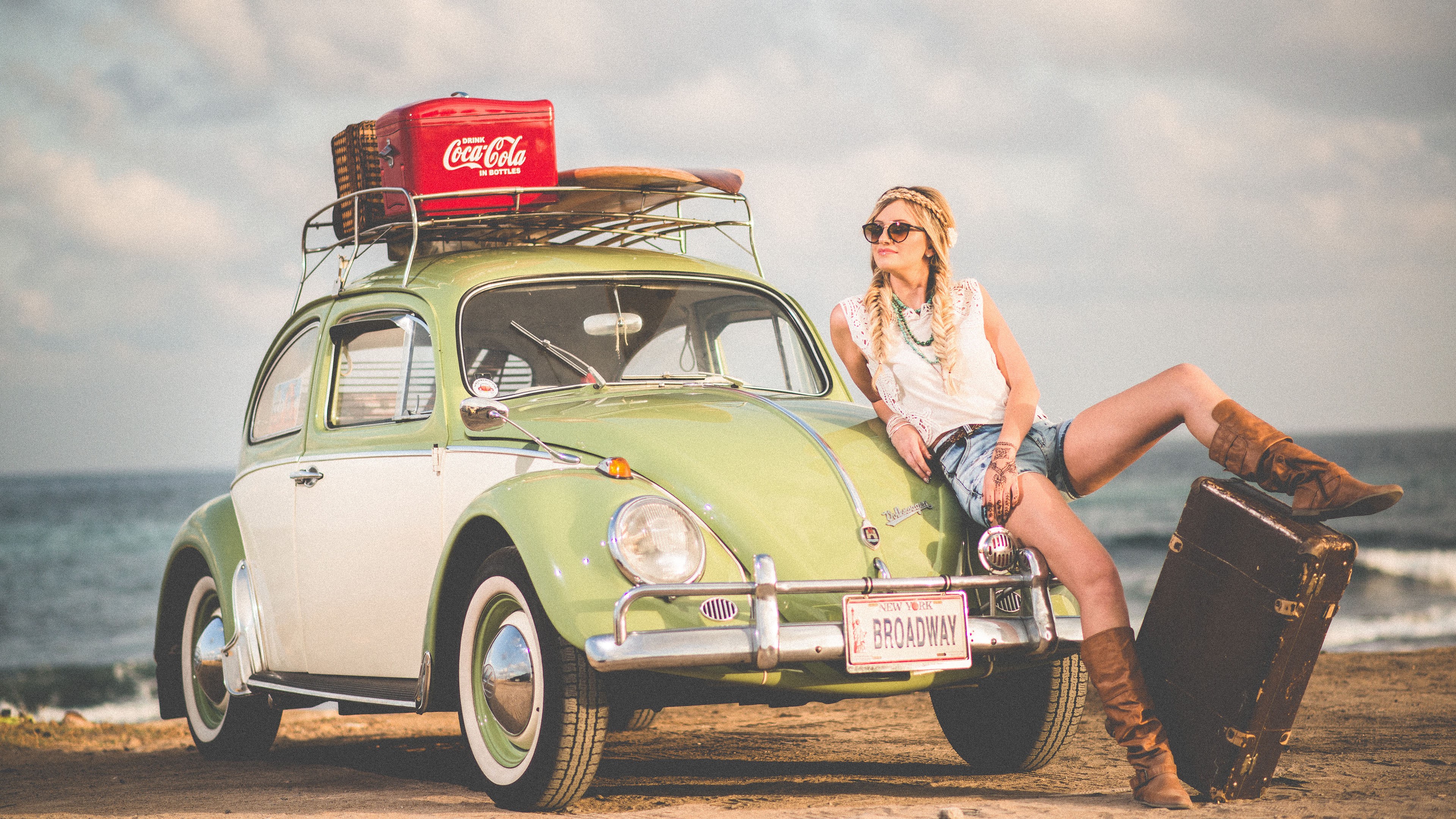volkswagen beetle, women, girls & cars, beach, blonde, braid, coca cola, model