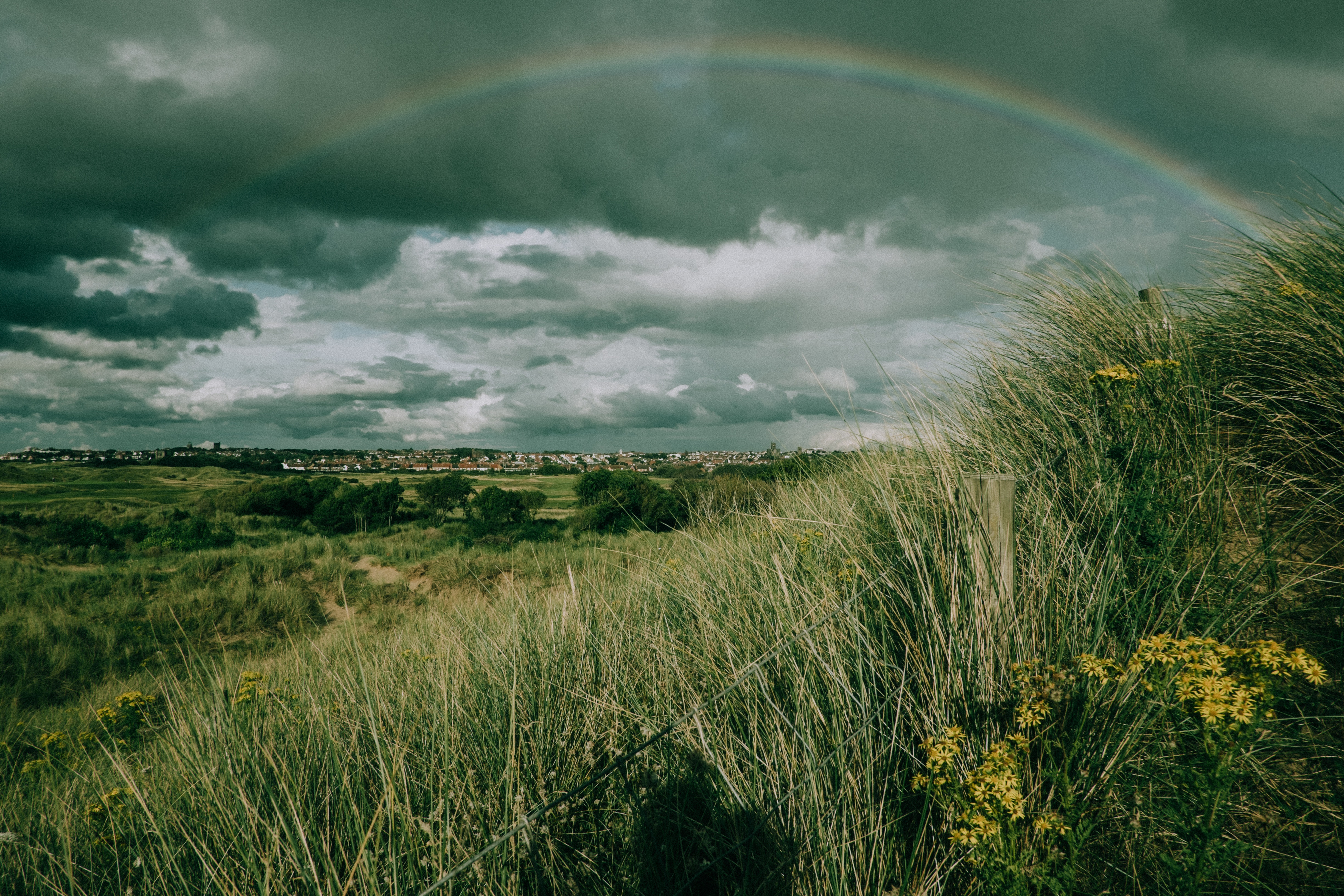 Free download wallpaper Grass, Sky, Rainbow, Nature, Field on your PC desktop