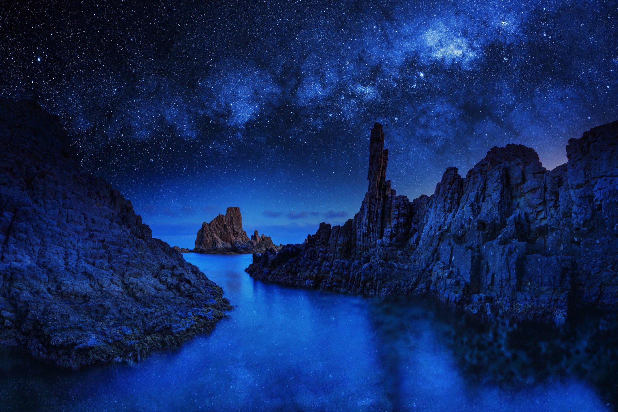 starry sky, blue, rock, earth, nature, night, sky cellphone