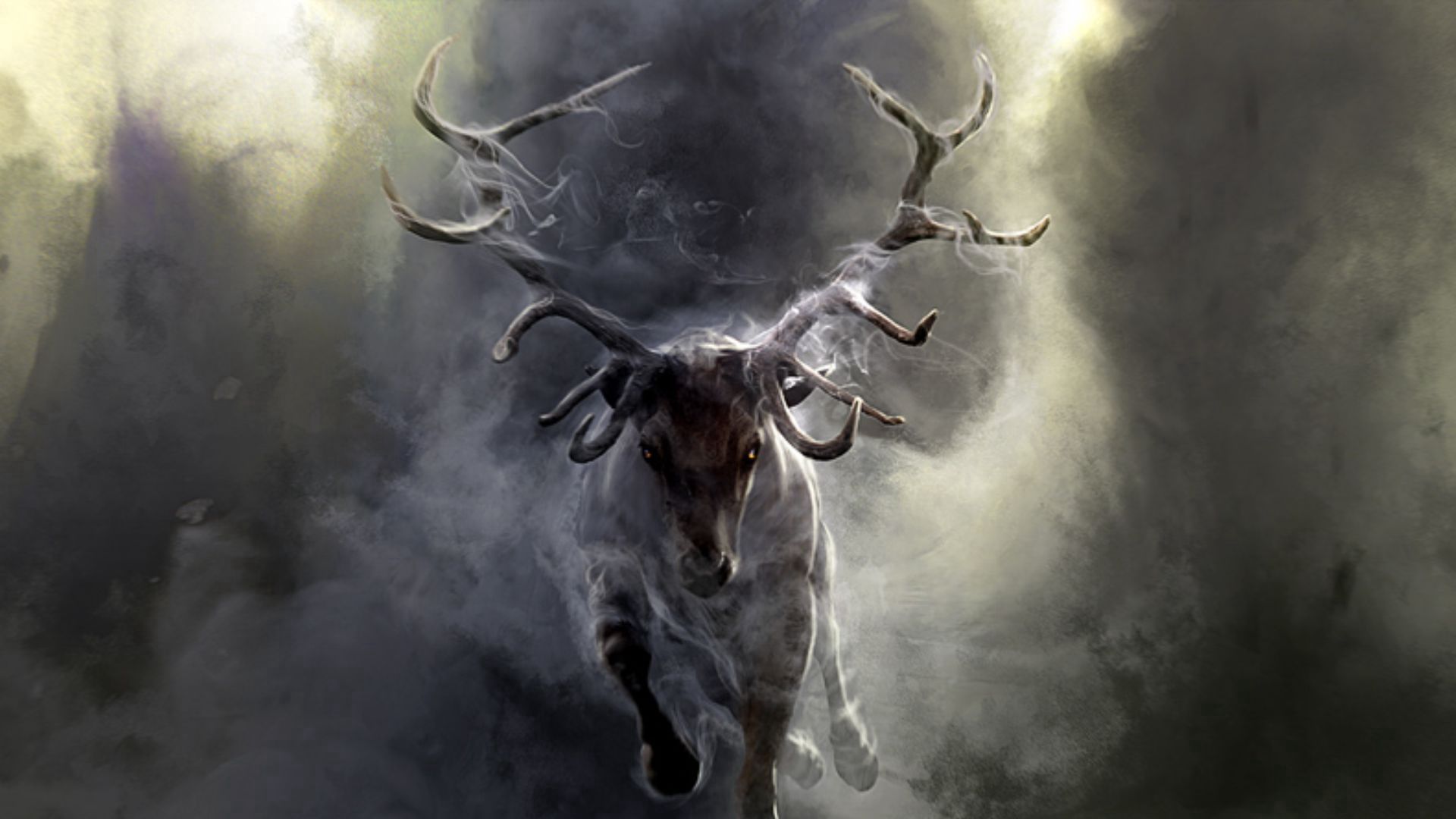deer, smoke, run, fantasy, horns, running 2160p