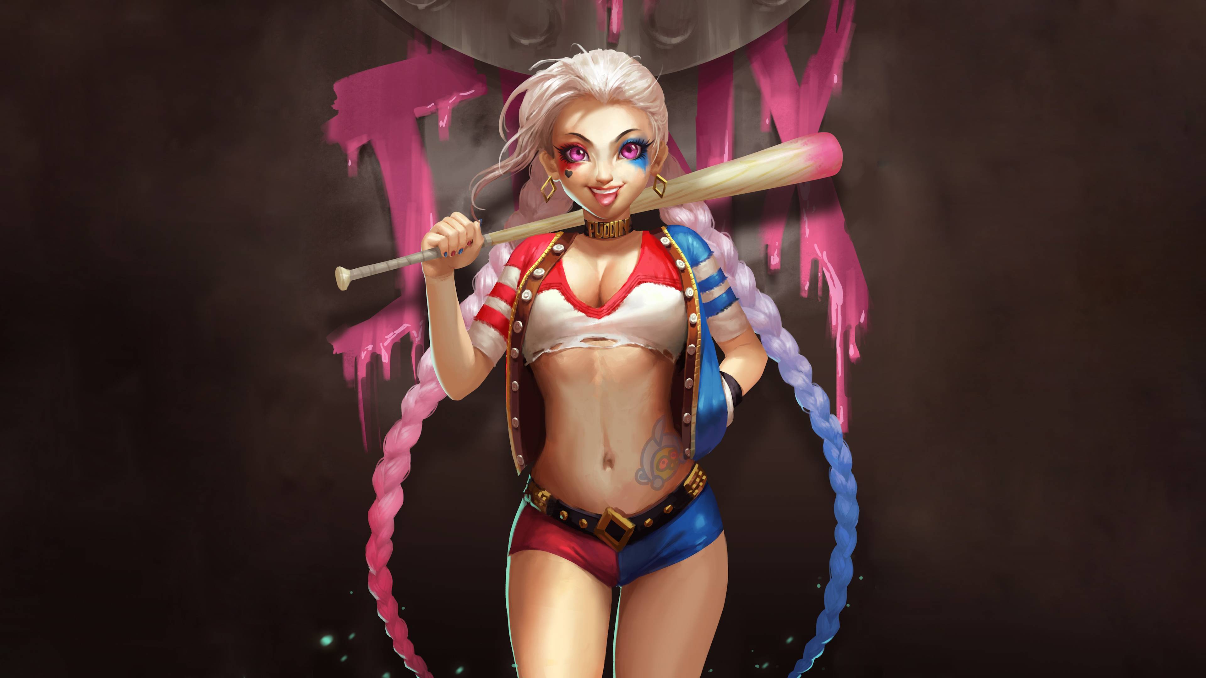 purple eyes, smile, harley quinn, video game, league of legends, baseball bat, braid, crossover, jinx (league of legends), long hair for android
