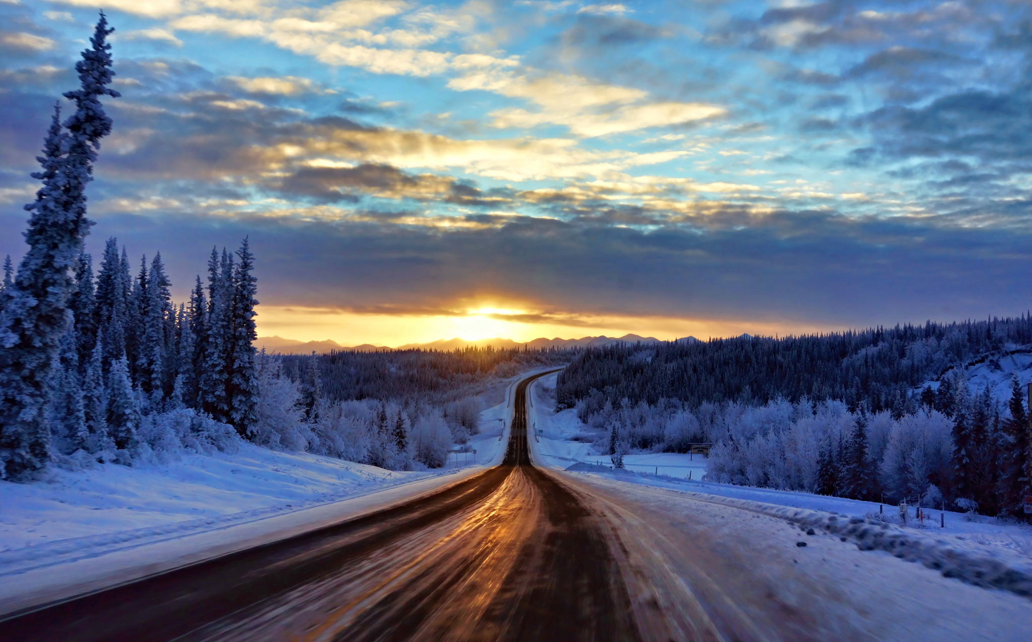 Free download wallpaper Landscape, Winter, Snow, Road, Forest, Sunrise, Cloud, Man Made on your PC desktop