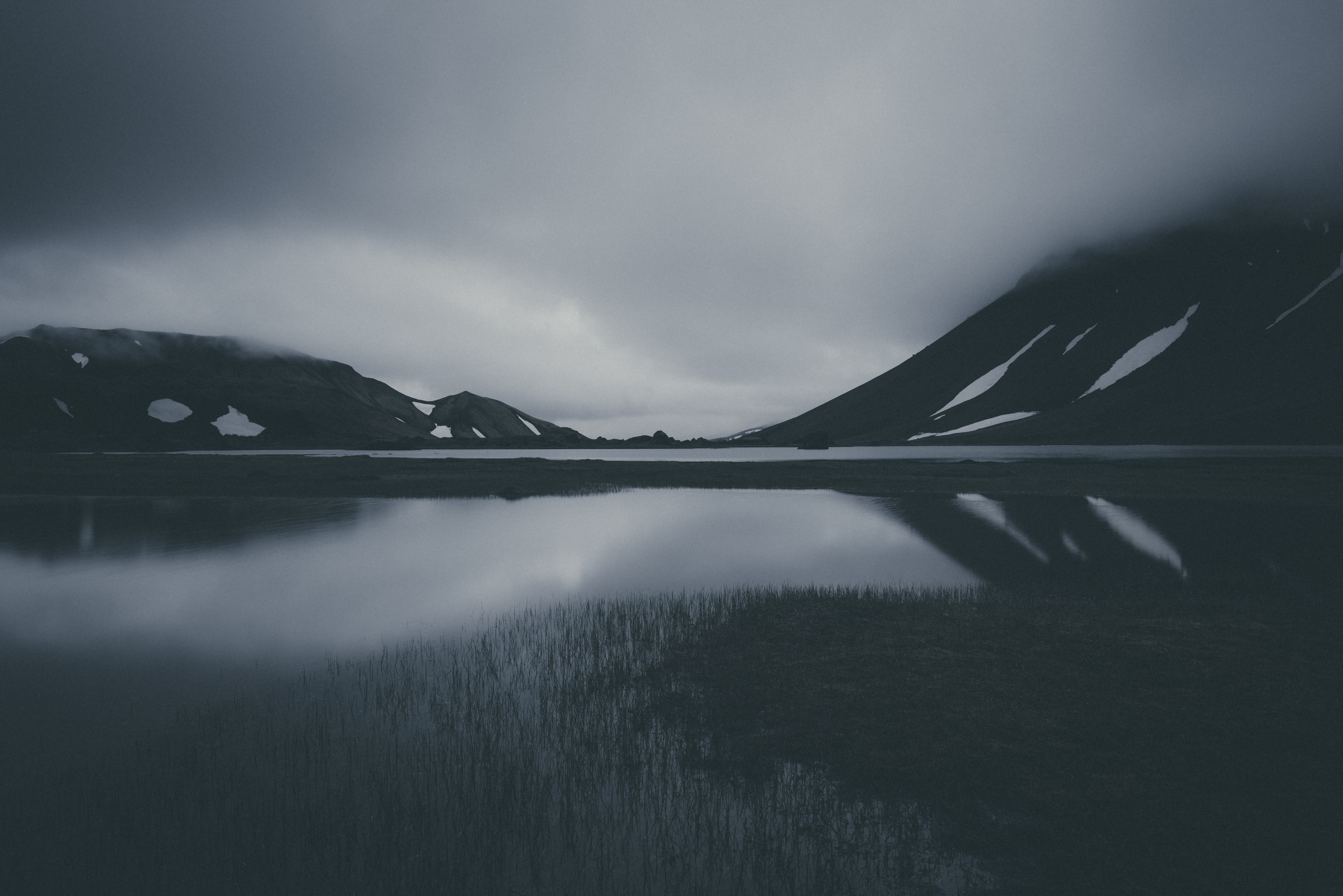 Download mobile wallpaper Bw, Gloomy, Gloomily, Chb, Lake, Mountains, Dark for free.