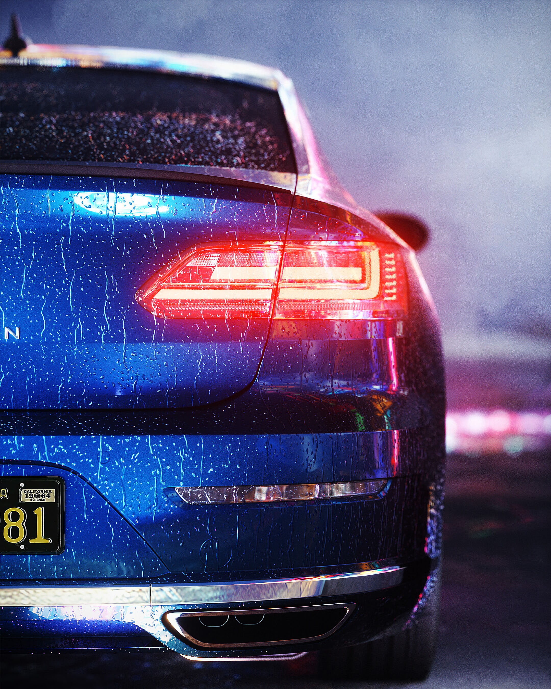 back view, car, backlight, light, blue, cars, shine, wet, machine, illumination, rear view wallpaper for mobile