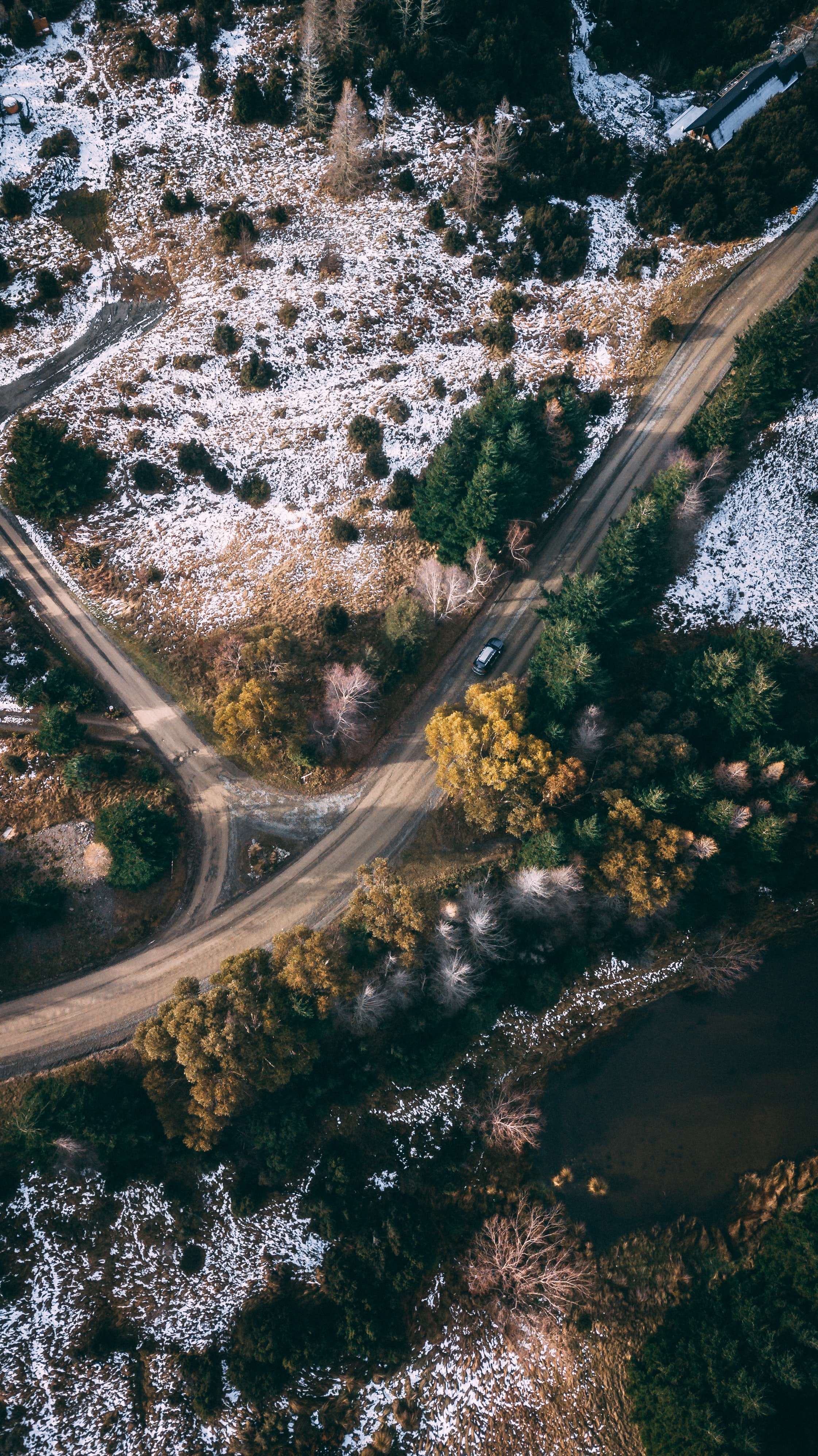 nature, trees, view from above, road, snow covered, snowbound UHD