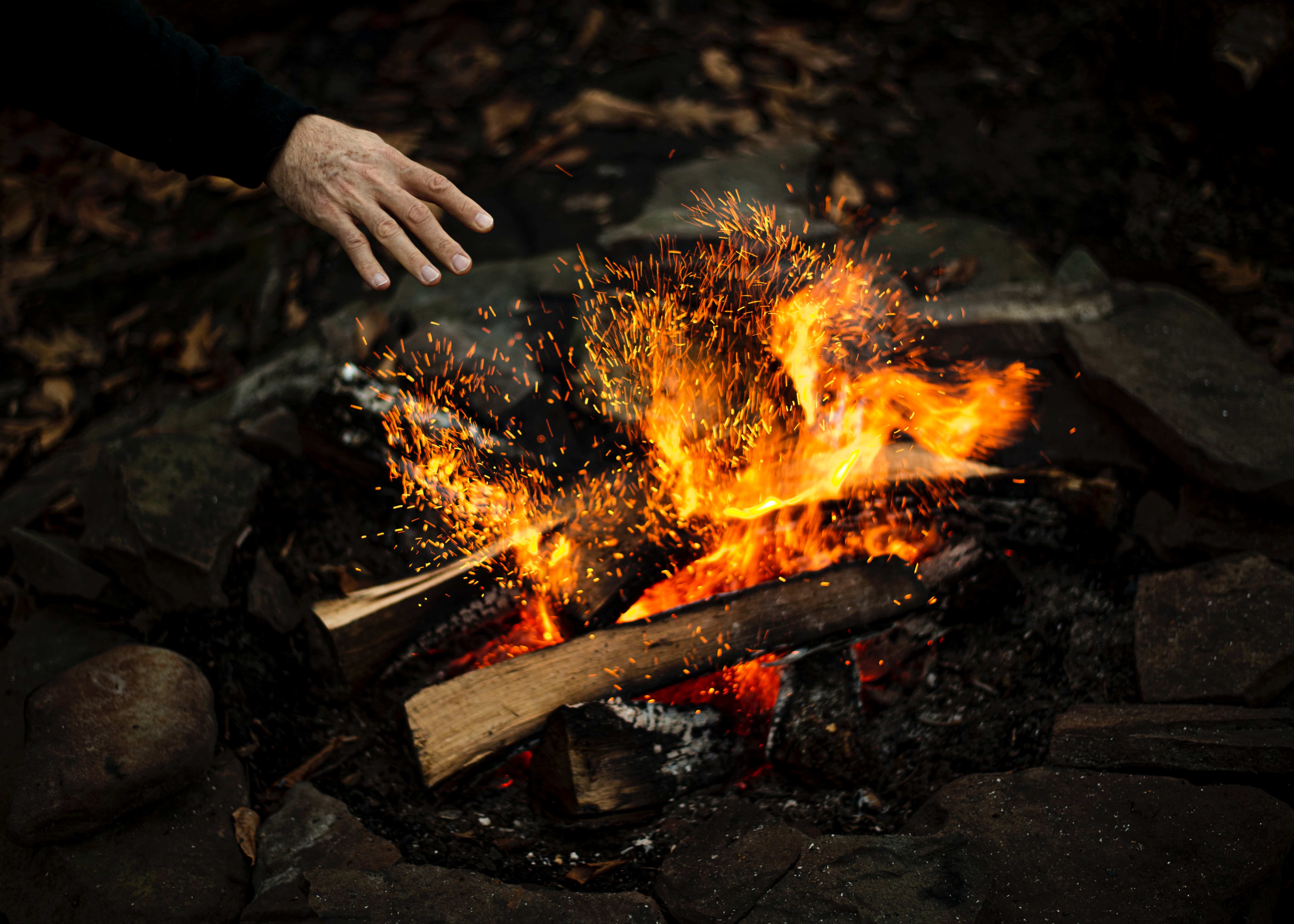 bonfire, fire, hand, sparks, miscellanea, miscellaneous 4K