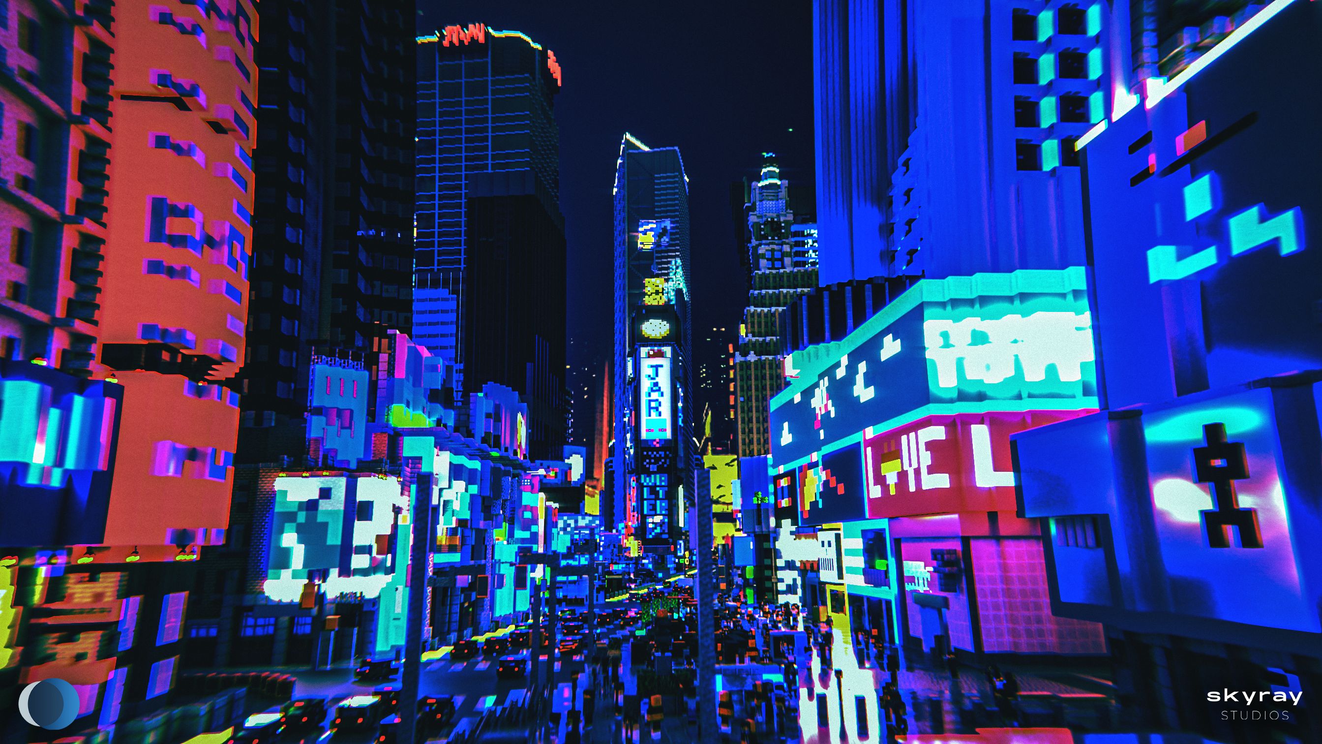 street, minecraft, neon, video game, new york, times square
