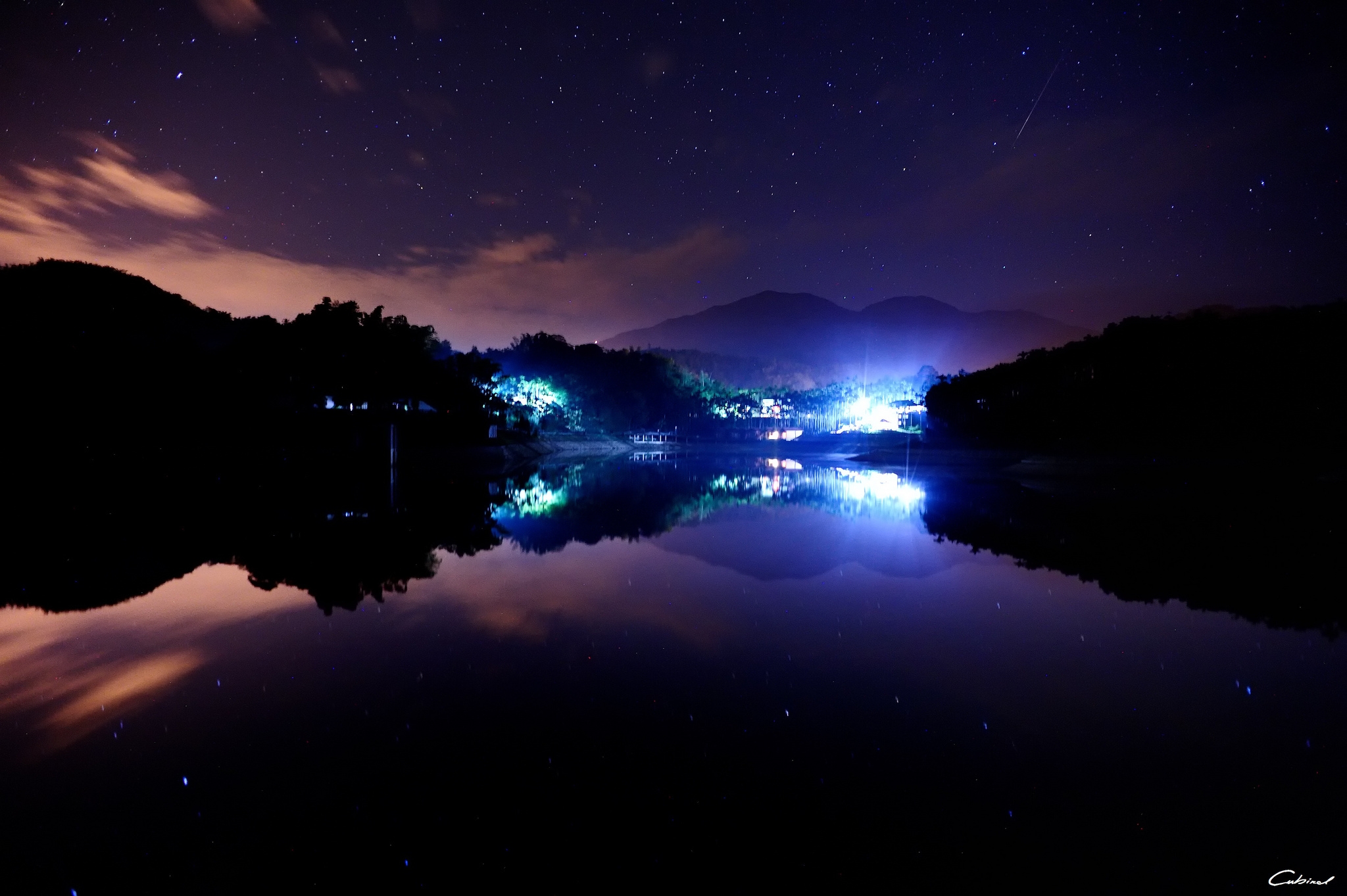 Free download wallpaper Stars, Night, Lights, Lake, Town, Nature, Houses on your PC desktop