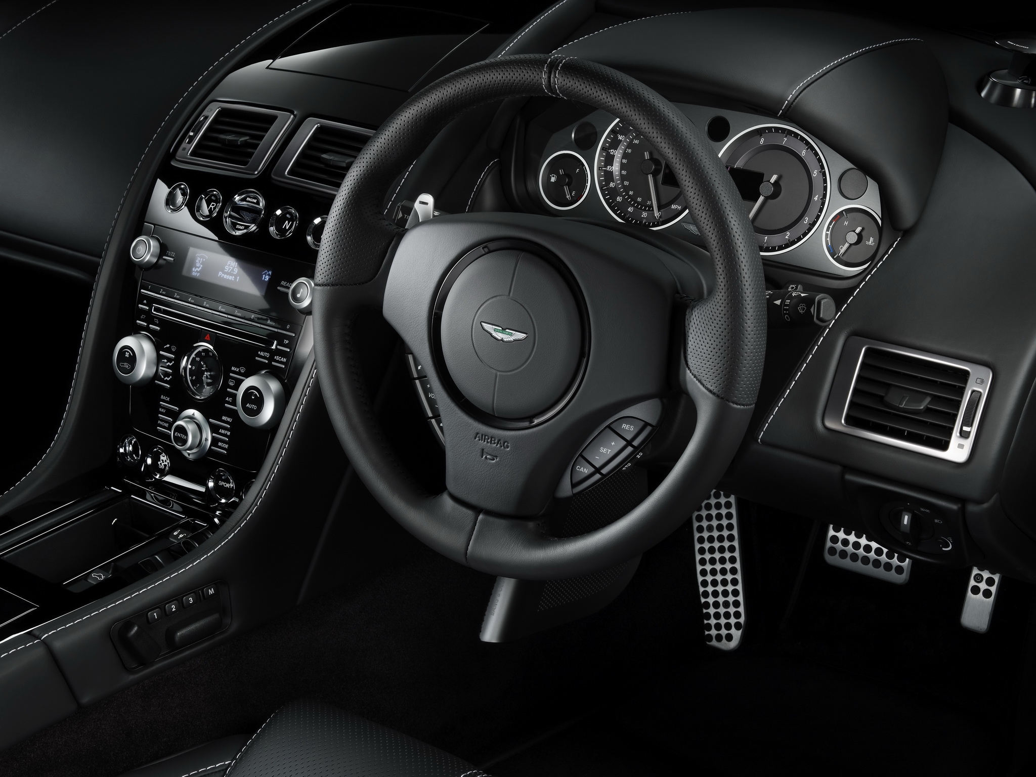 steering wheel, cars, interior, aston martin, black, rudder, salon, speedometer, 2010, db9 mobile wallpaper