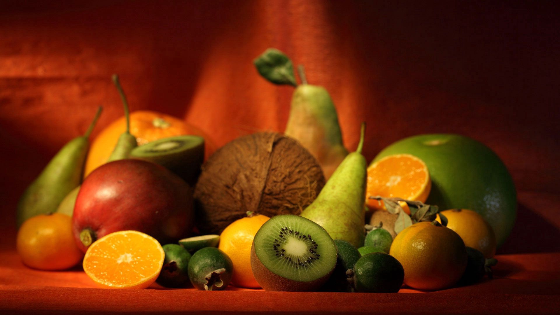 fruits, food, oranges, pears, kiwi, assorted, coconut