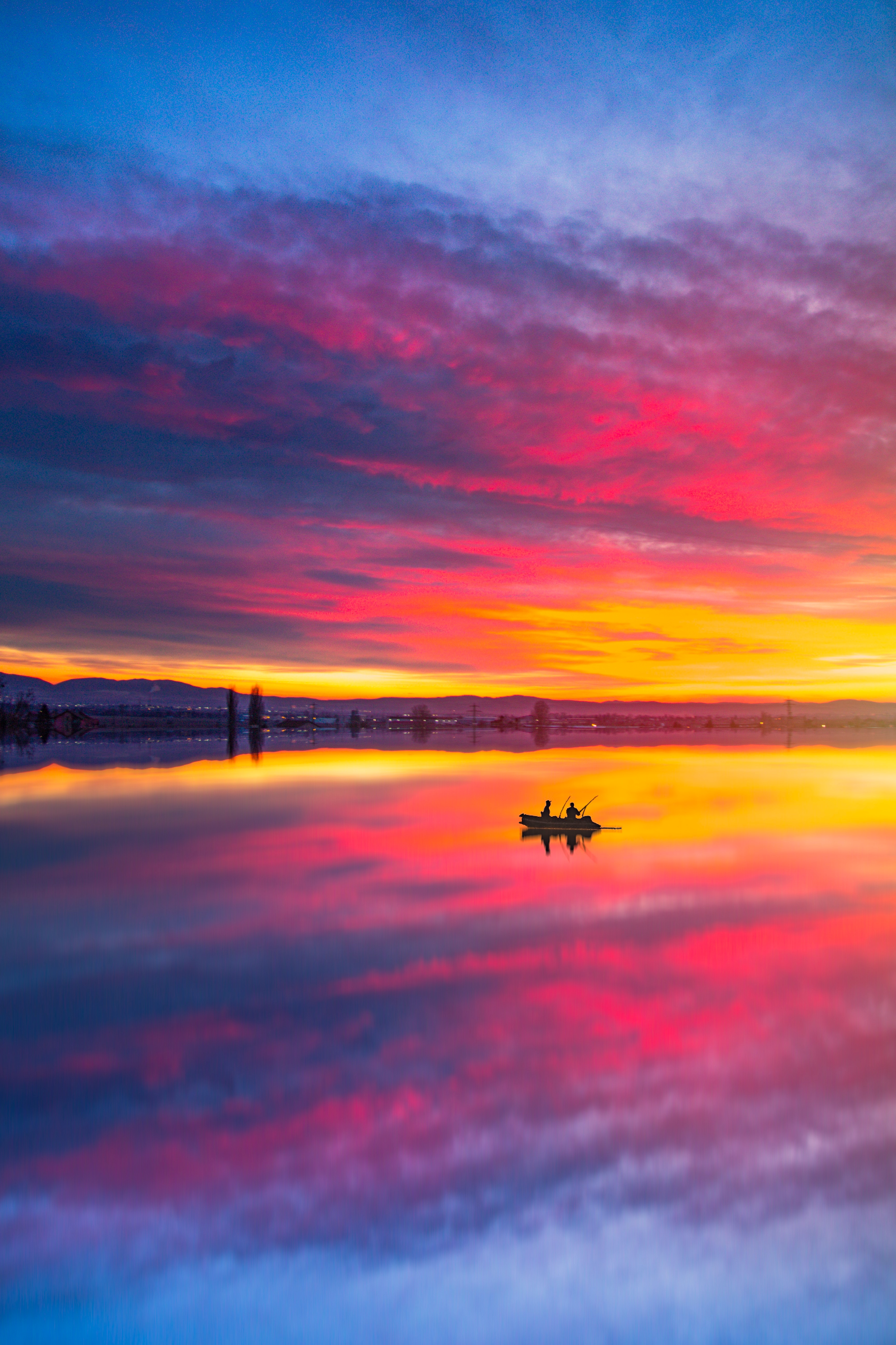 boat, landscape, nature, sunset, lake, reflection
