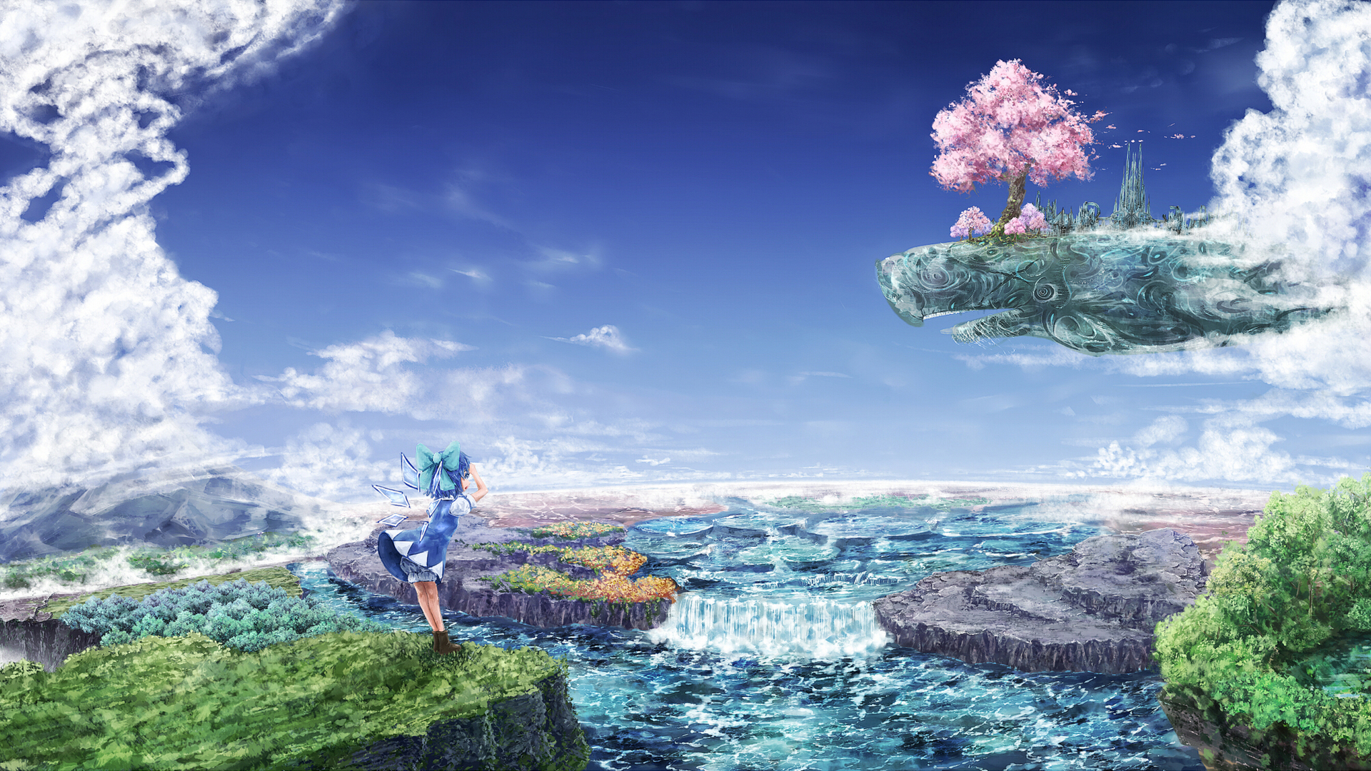 whale, anime, touhou, blue hair, bow (clothing), cliff, floating island, gensokyo, landscape, short hair, waterfall wallpapers for tablet