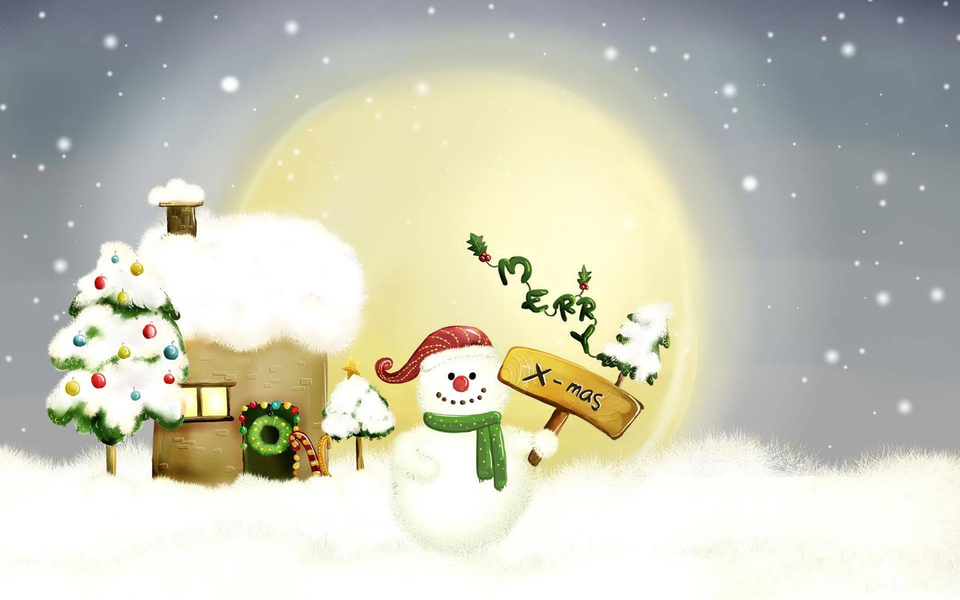 Download mobile wallpaper Sun, Snow, Snowman, Christmas, Holiday, House, Christmas Tree, Merry Christmas for free.