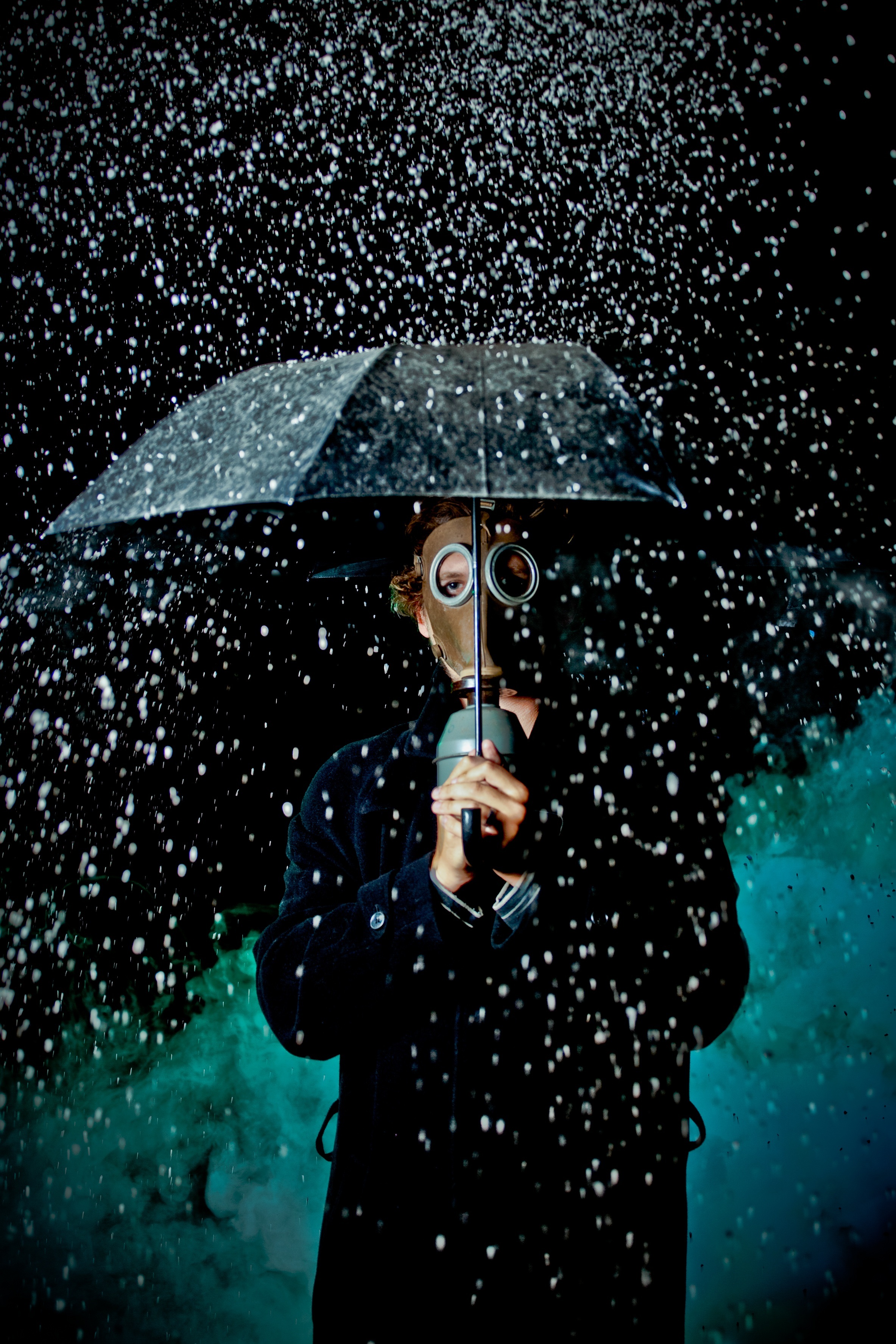 rain, miscellanea, miscellaneous, mask, gas mask, human, person, umbrella, mood