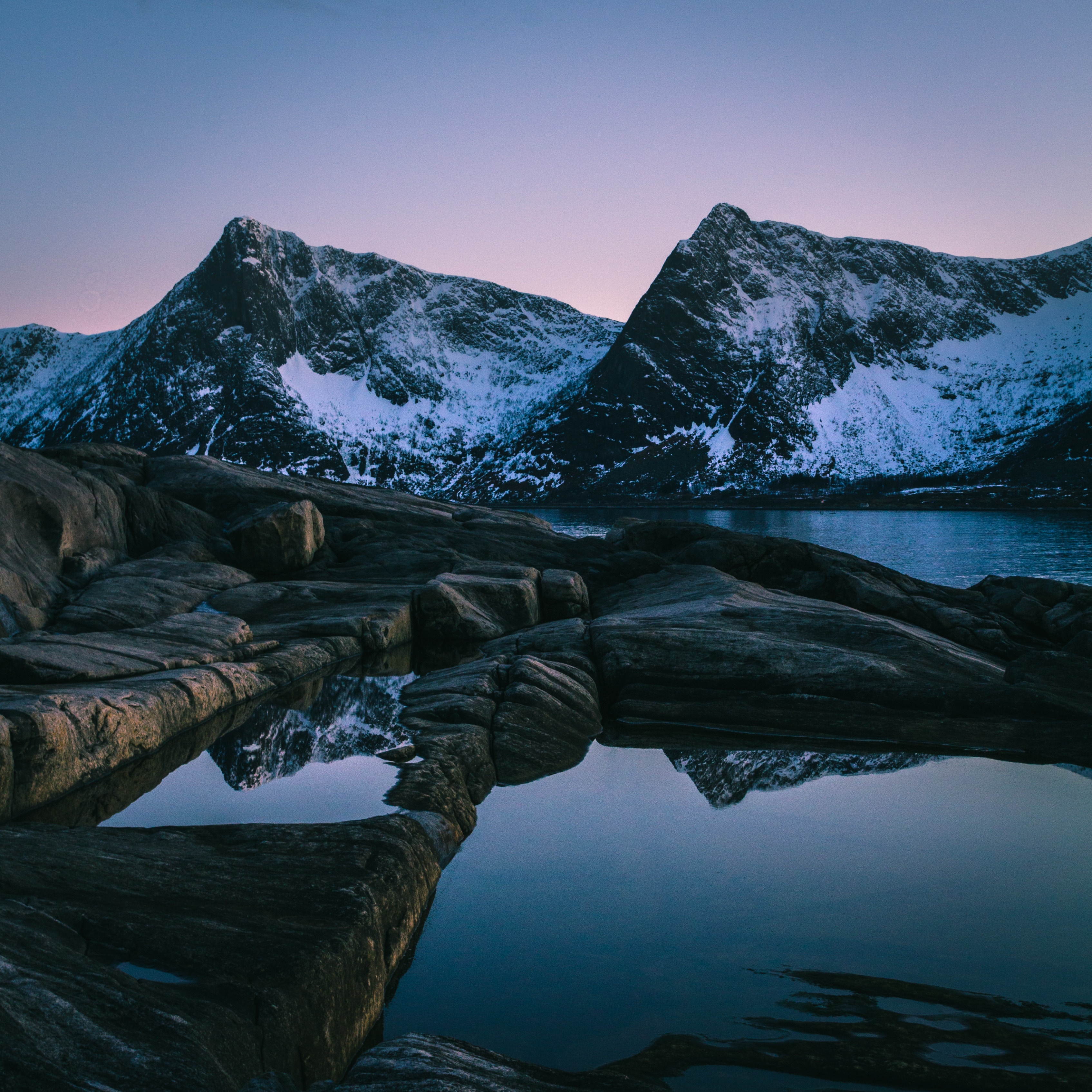norway, nature, sunset, mountain, lake, snow covered, snowbound