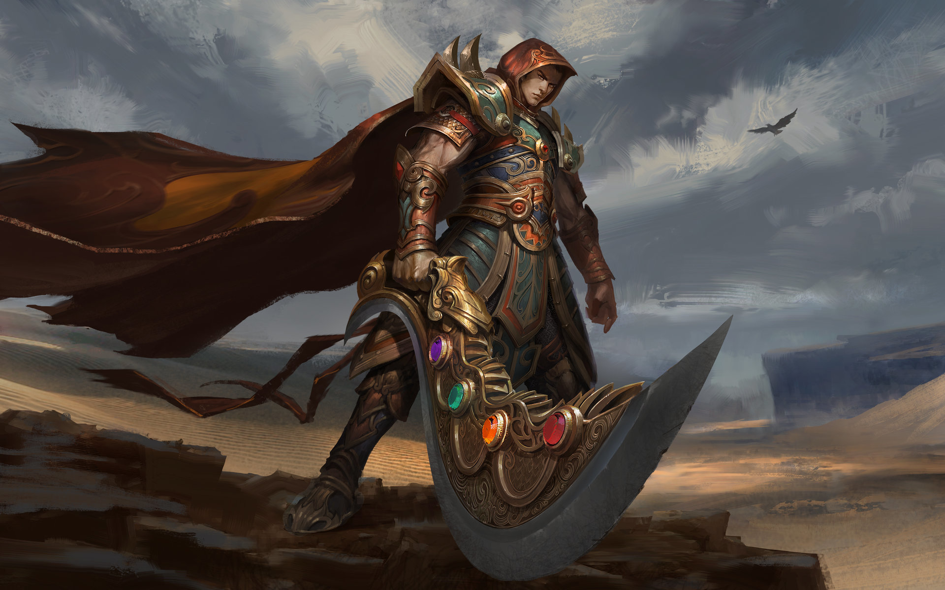 fantasy, warrior, armor, cloak, desert, sword, weapon wallpaper for mobile