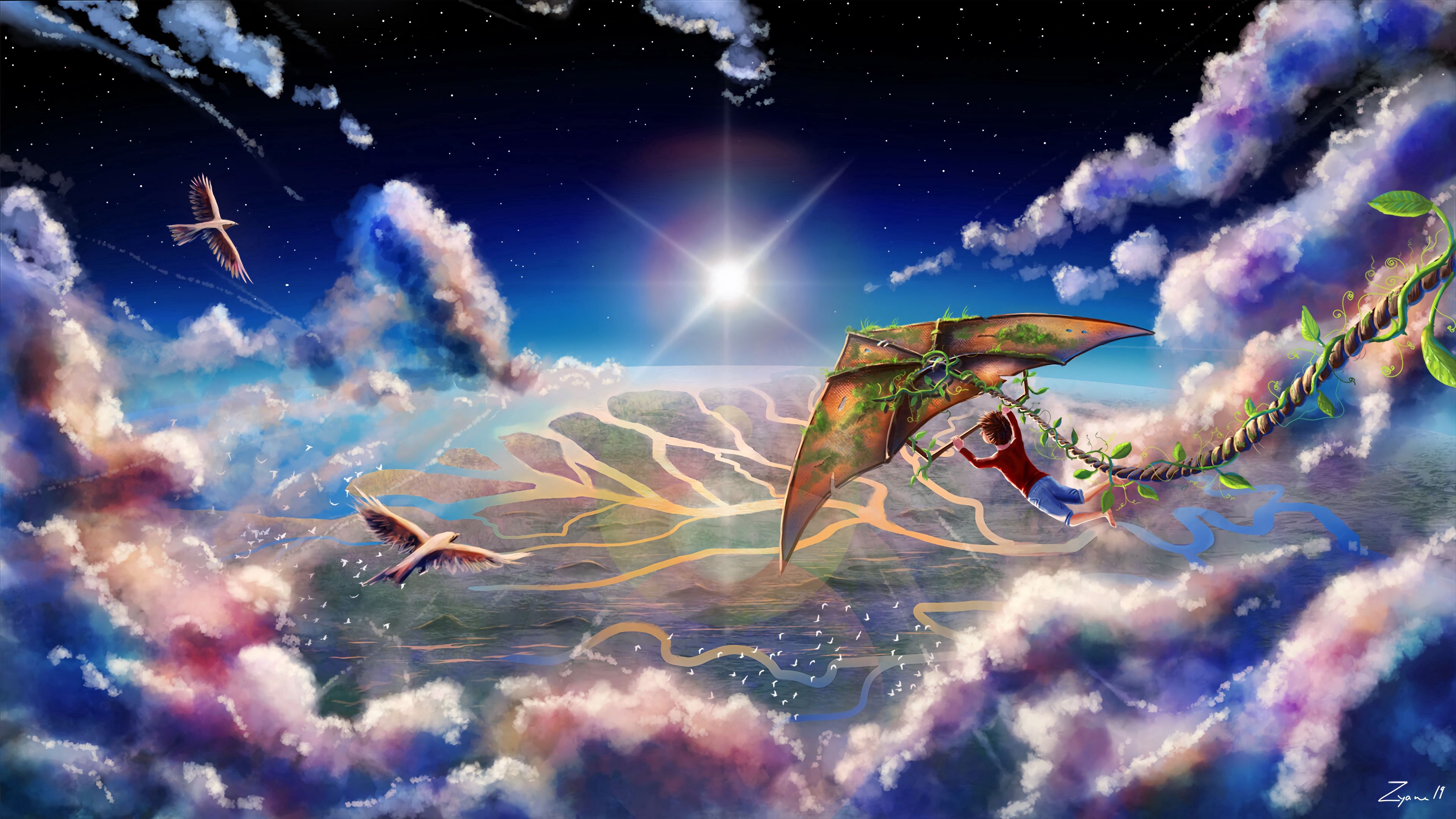 Laden Sie das Junge, Flug, Clouds, Kunst, Drachen-Bild kostenlos auf Ihren PC-Desktop herunter