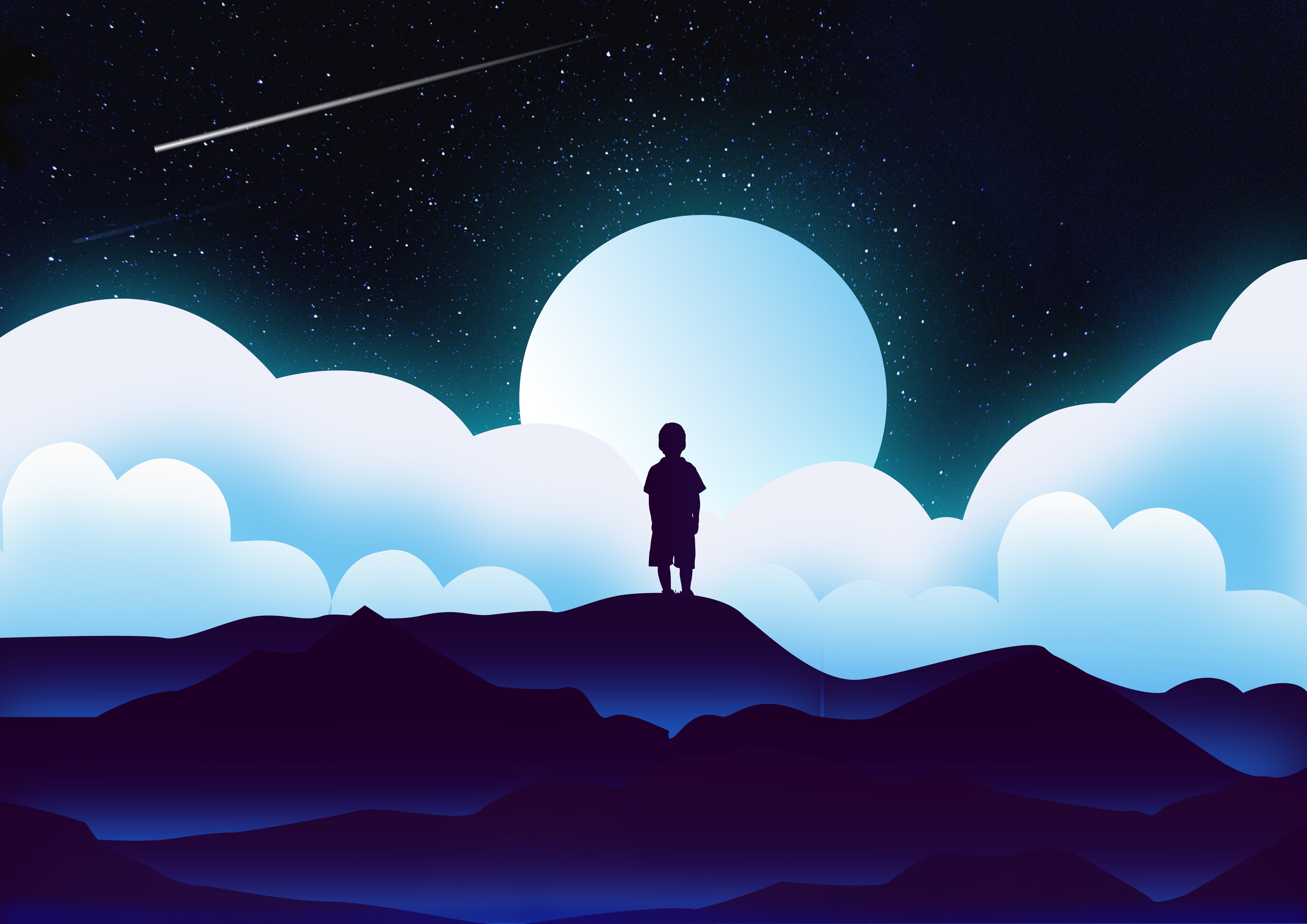 Скачать картинку Облака, Ребенок, Силуэт, Луна, Вектор, Космос в телефон бесплатно.
