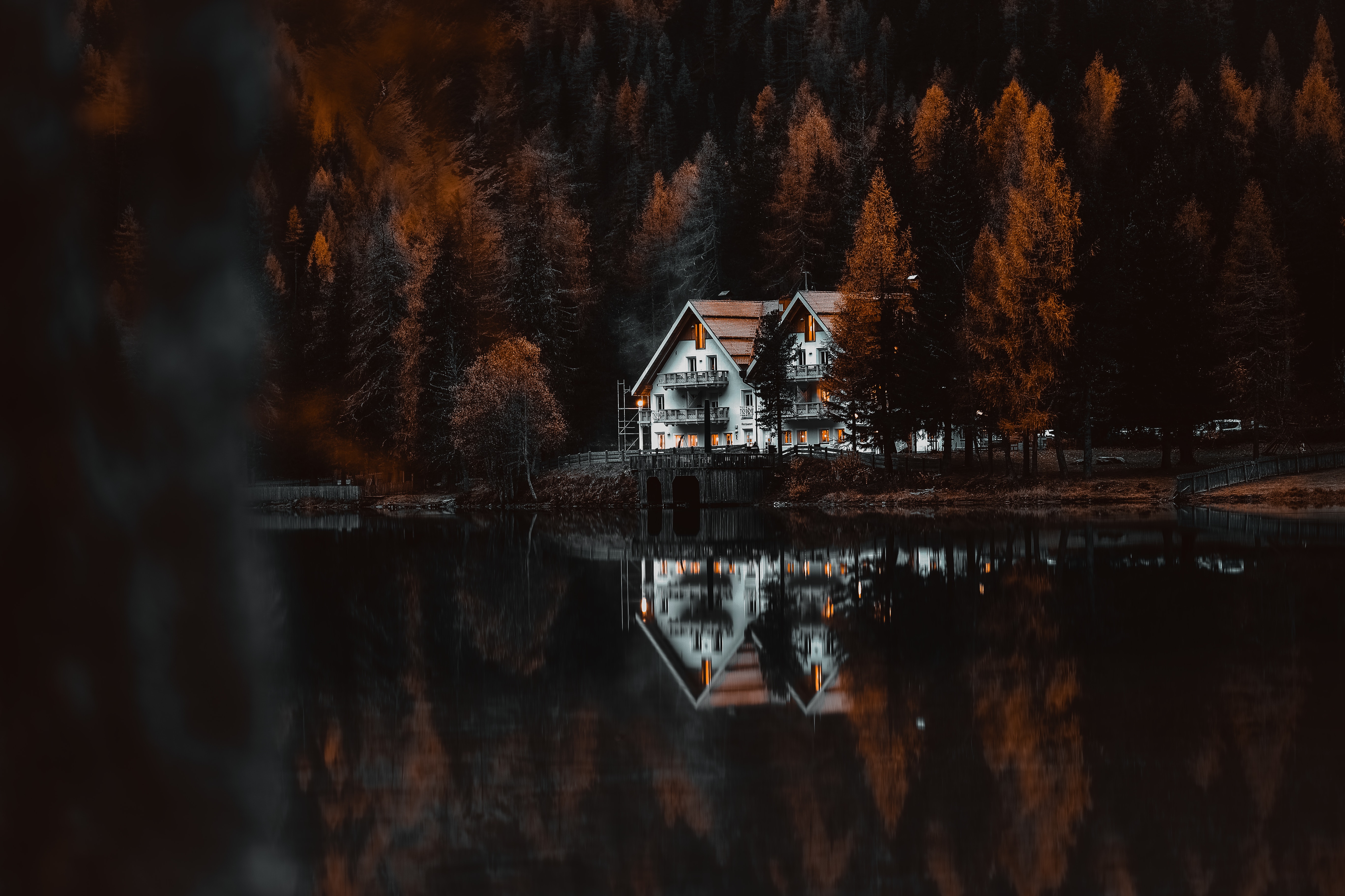 houses, lake, shore, small houses, forest, nature, bank