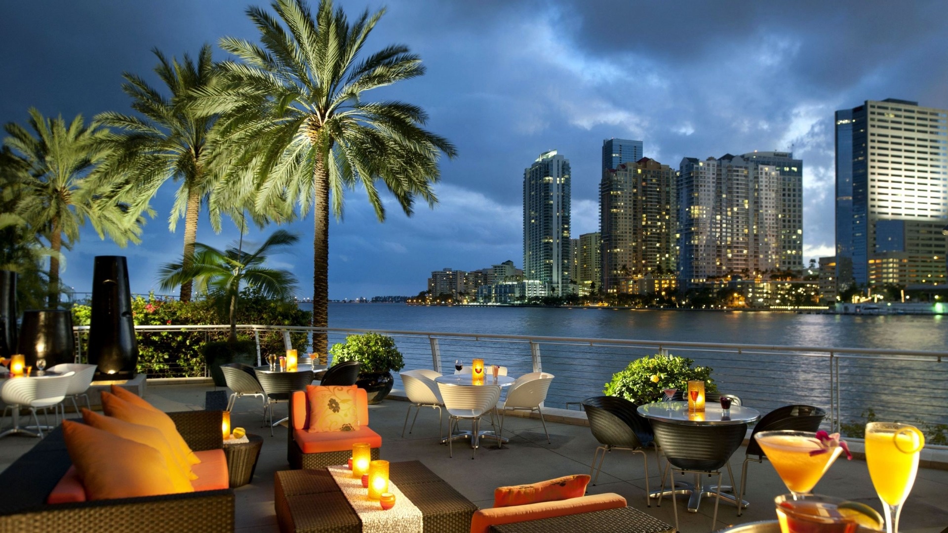 evening, light, miami, man made, terrace, chair, city, cocktail, drink, palm tree HD wallpaper