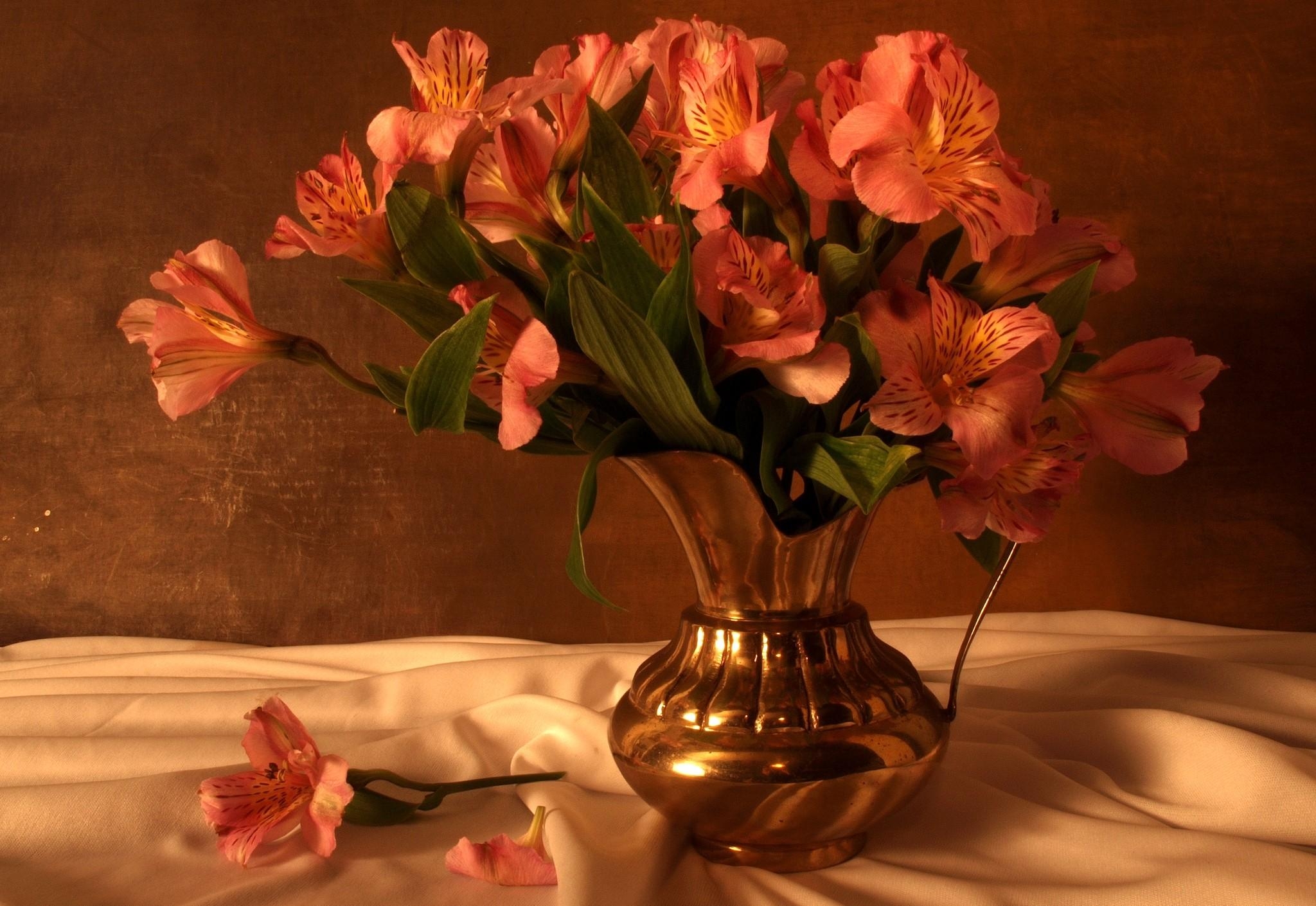bouquet, flowers, alstroemeria, jug, cloth cellphone