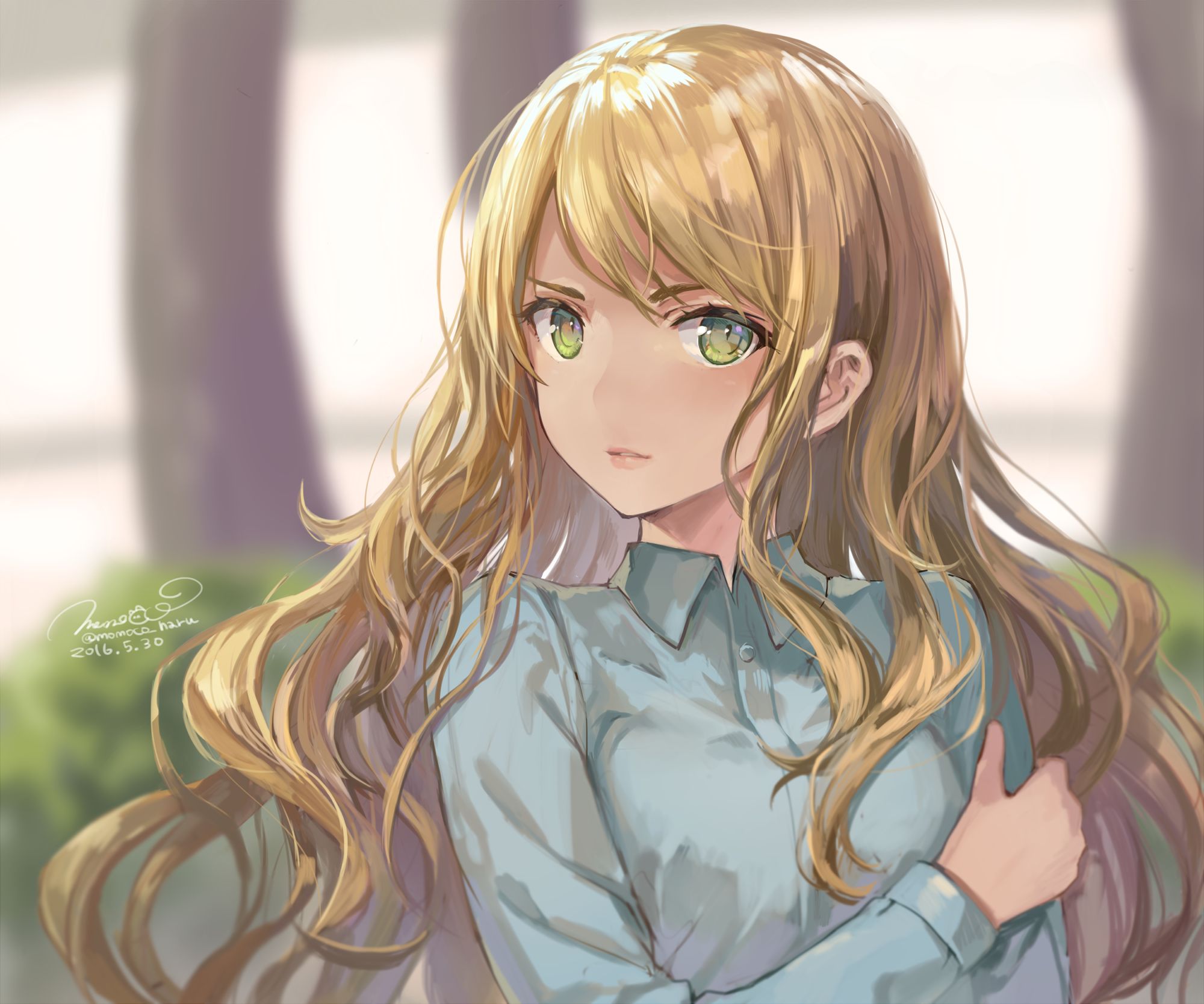 anime, girl, blonde, green eyes, long hair, shirt Free Background