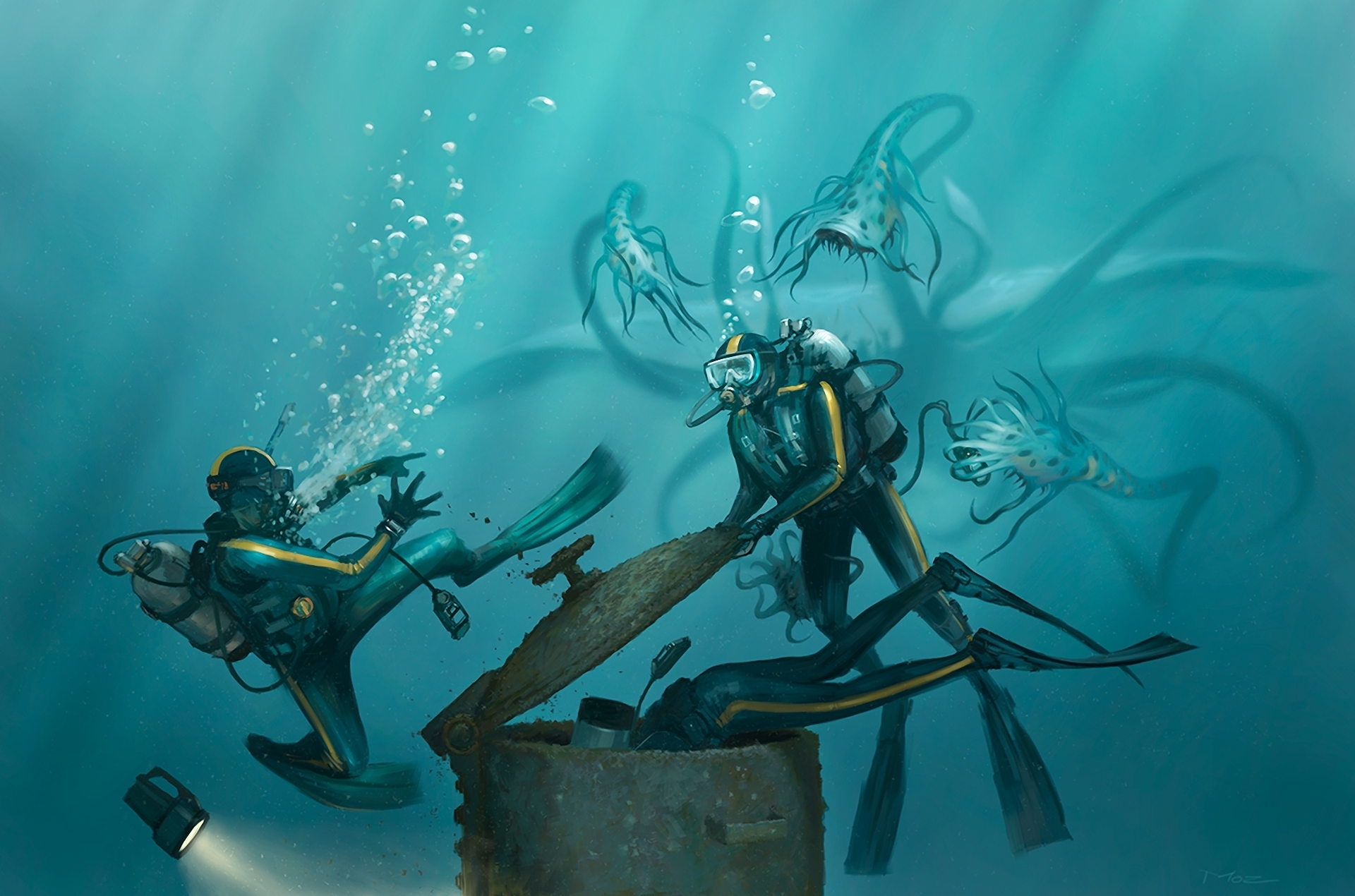 fantasy, sea monster, diver HD wallpaper