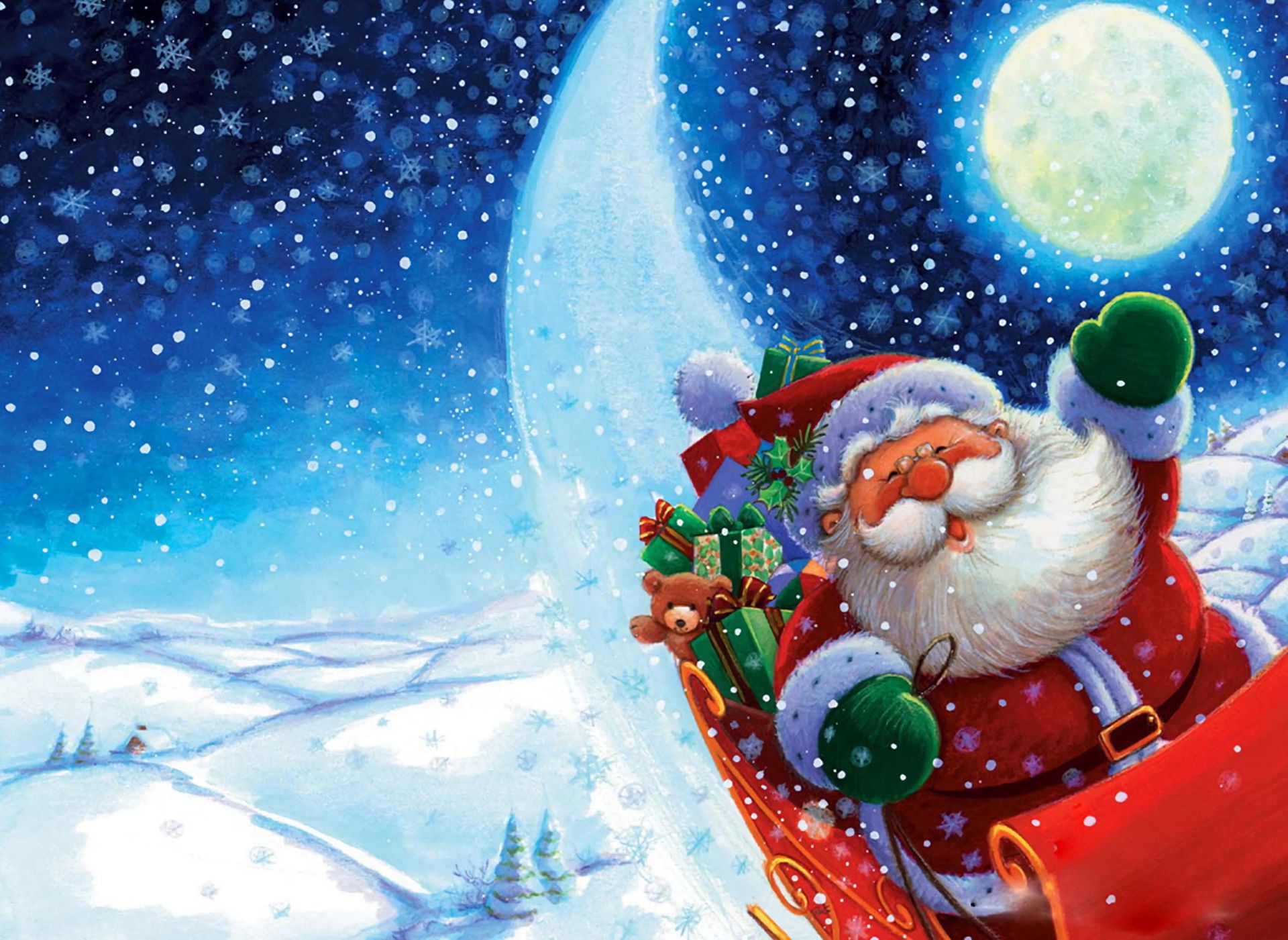 snowfall, starry sky, holiday, christmas, moon, santa, sleigh, snow, stars
