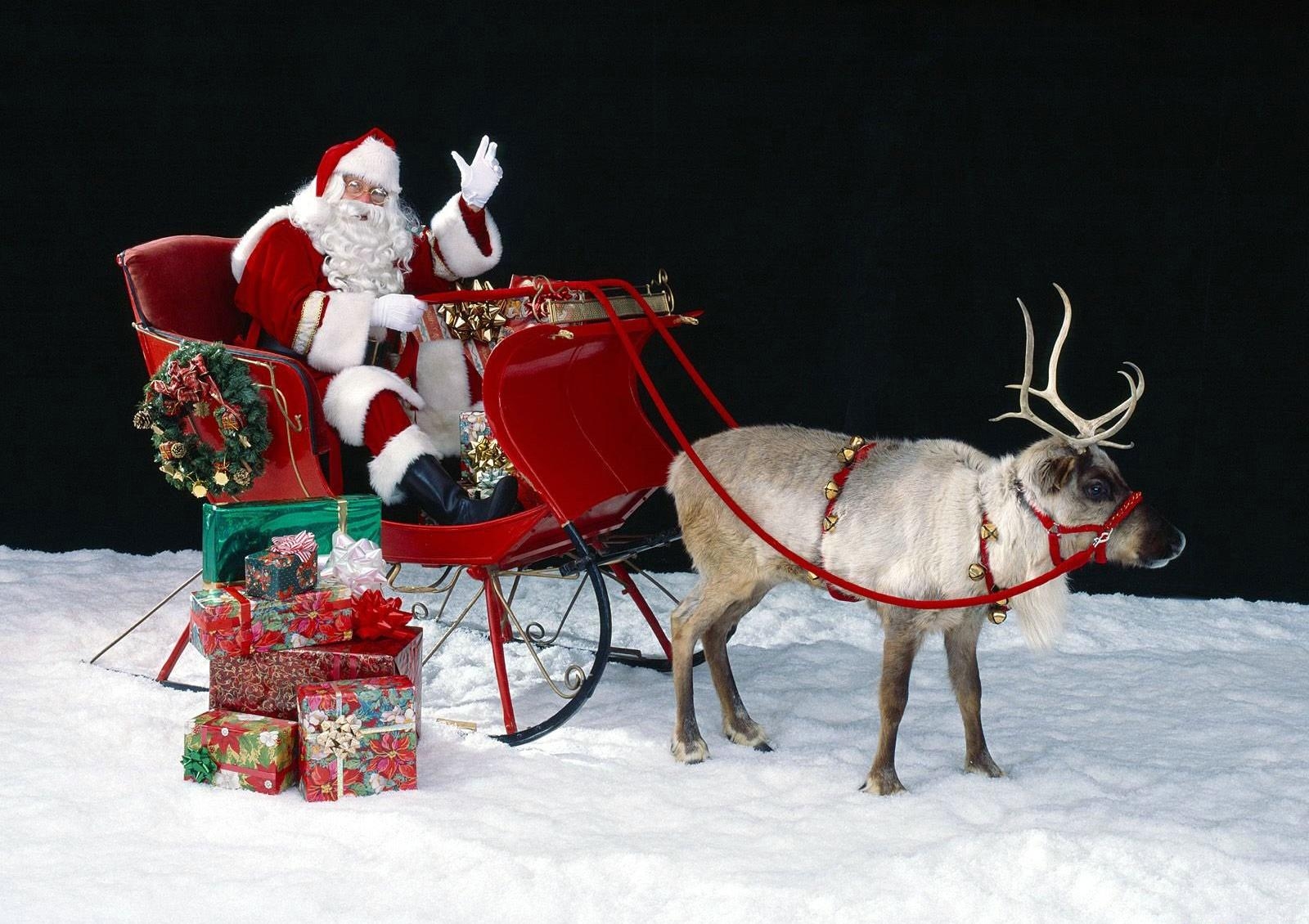 holidays, santa claus, snow, deer, bag, sleigh, sledge, sack, presents, gifts HD wallpaper