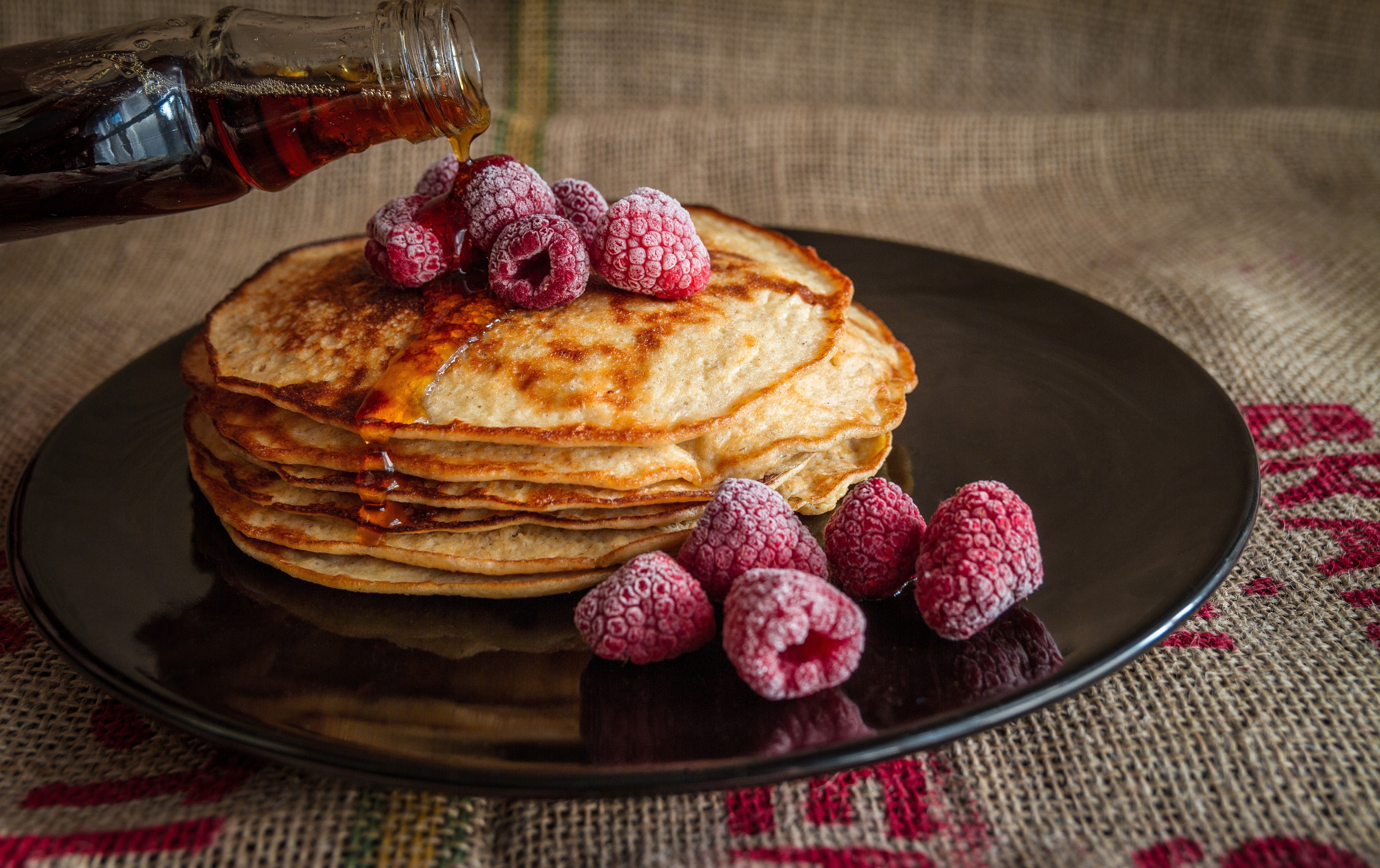 breakfast, food, raspberry, pancakes, fritter, syrup wallpapers for tablet