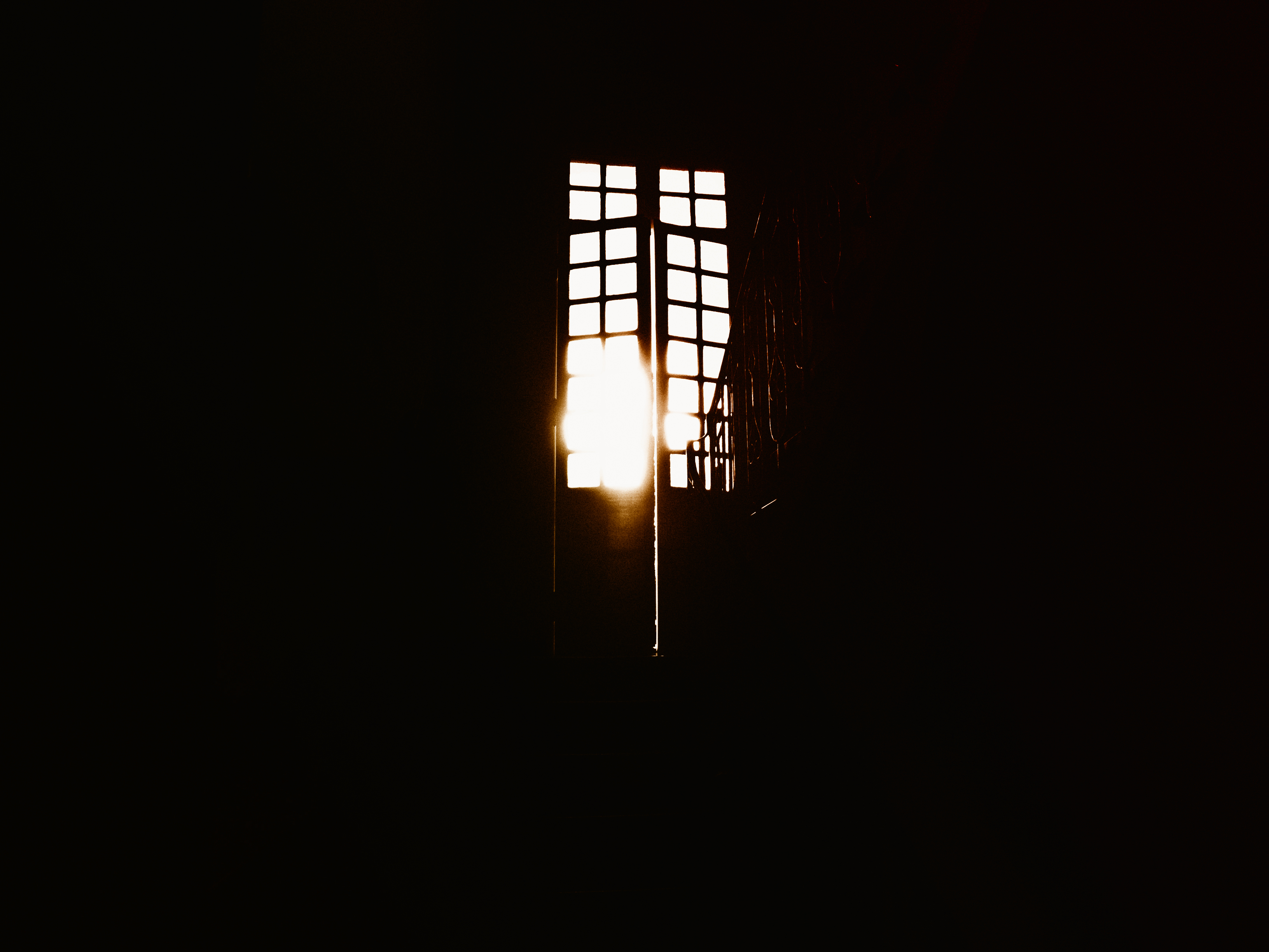 grid, dark, room, darkly, sunlight, railings, handrail, door, ajar