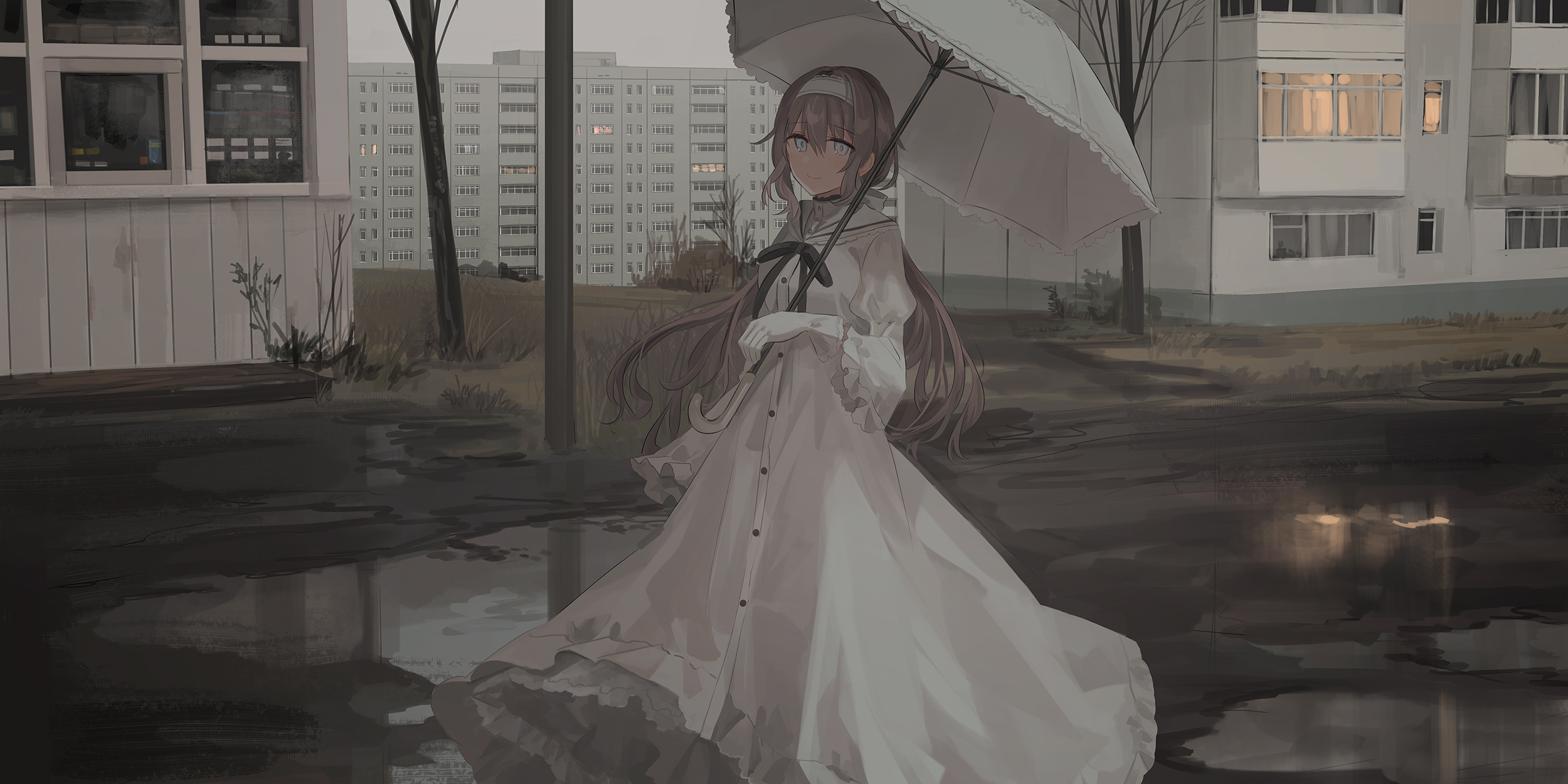 Desktop FHD puddle, anime, original, umbrella, white dress