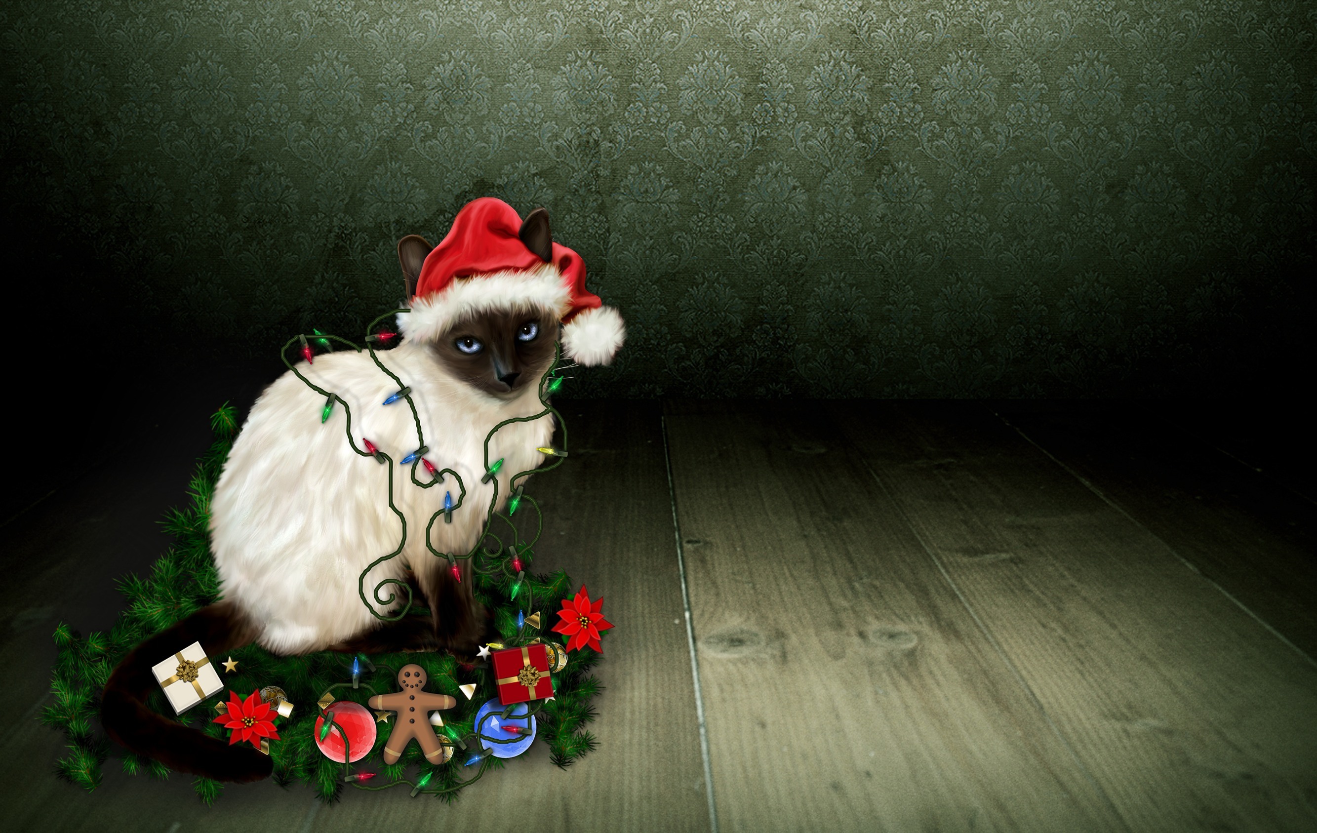 875272 baixar imagens feriados, natal, gato, luzes de natal, decoração, gorro do papai noel, gato siamês - papéis de parede e protetores de tela gratuitamente