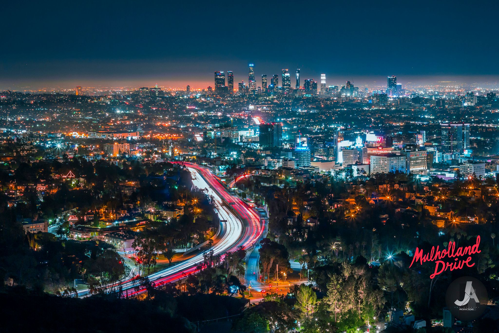 Download mobile wallpaper Cities, Night, City, Skyscraper, Cityscape, Los Angeles, Highway, Santa Monica, Man Made, Time Lapse for free.