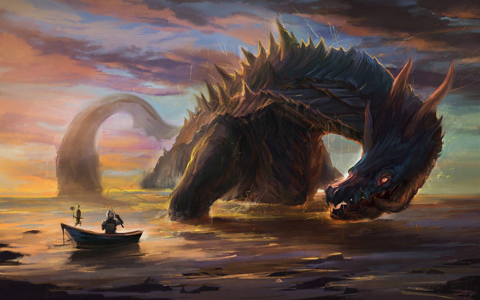 Free download wallpaper Fantasy, Knight, Boat, Dragon, Art on your PC desktop