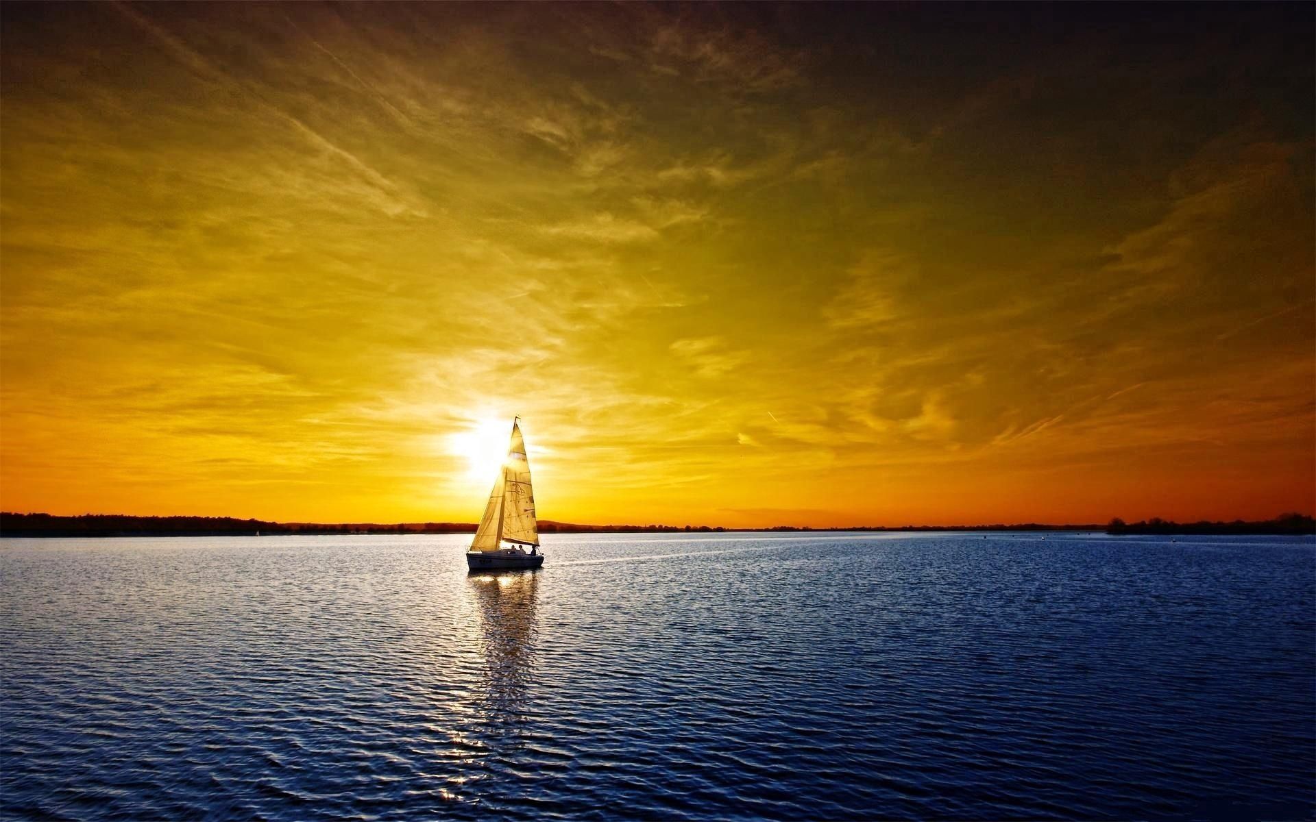 sailboat, sunset, lonely, sea, nature, orange, sailfish, alone QHD
