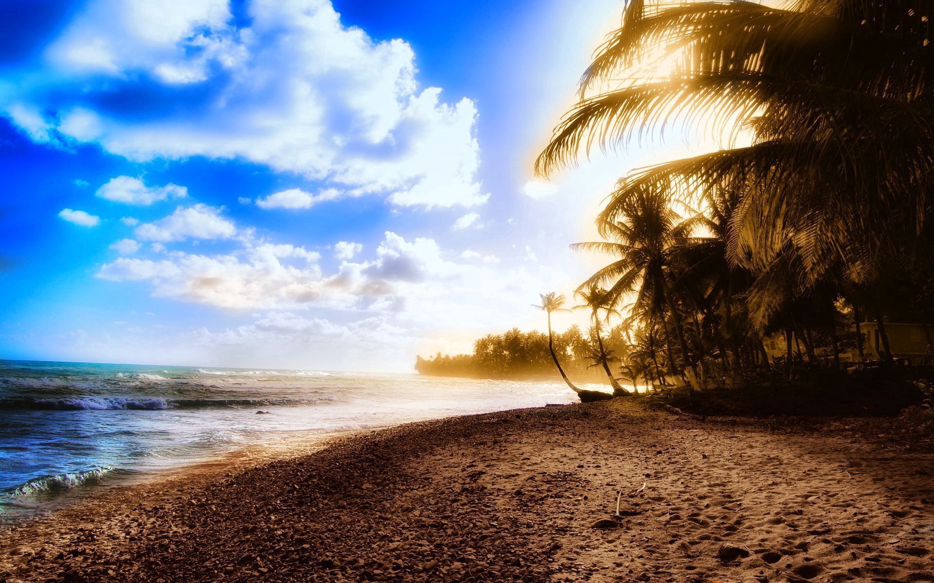140552 Hintergrundbild herunterladen natur, sky, sun, clouds, strand, palms, ufer, bank, scheinen, licht, hitze - Bildschirmschoner und Bilder kostenlos