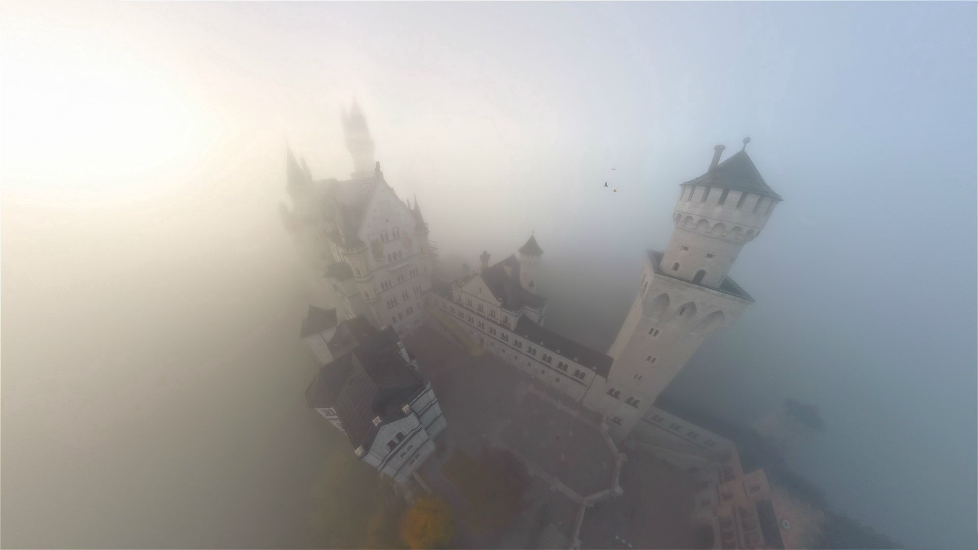 128126 скачать обои природа, замок, туман, мгла, сверху, башни - заставки и картинки бесплатно
