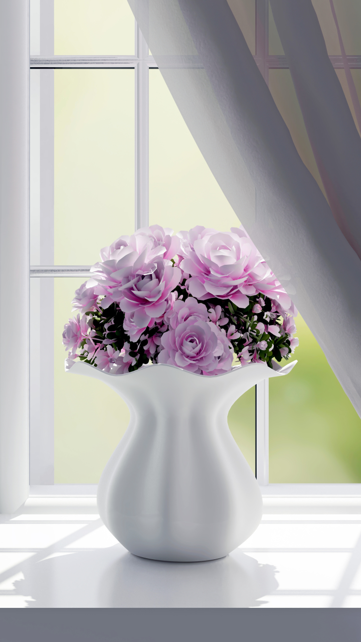 無料モバイル壁紙花, 窓, 花瓶, カーテン, マンメイド, ピンクの花をダウンロードします。