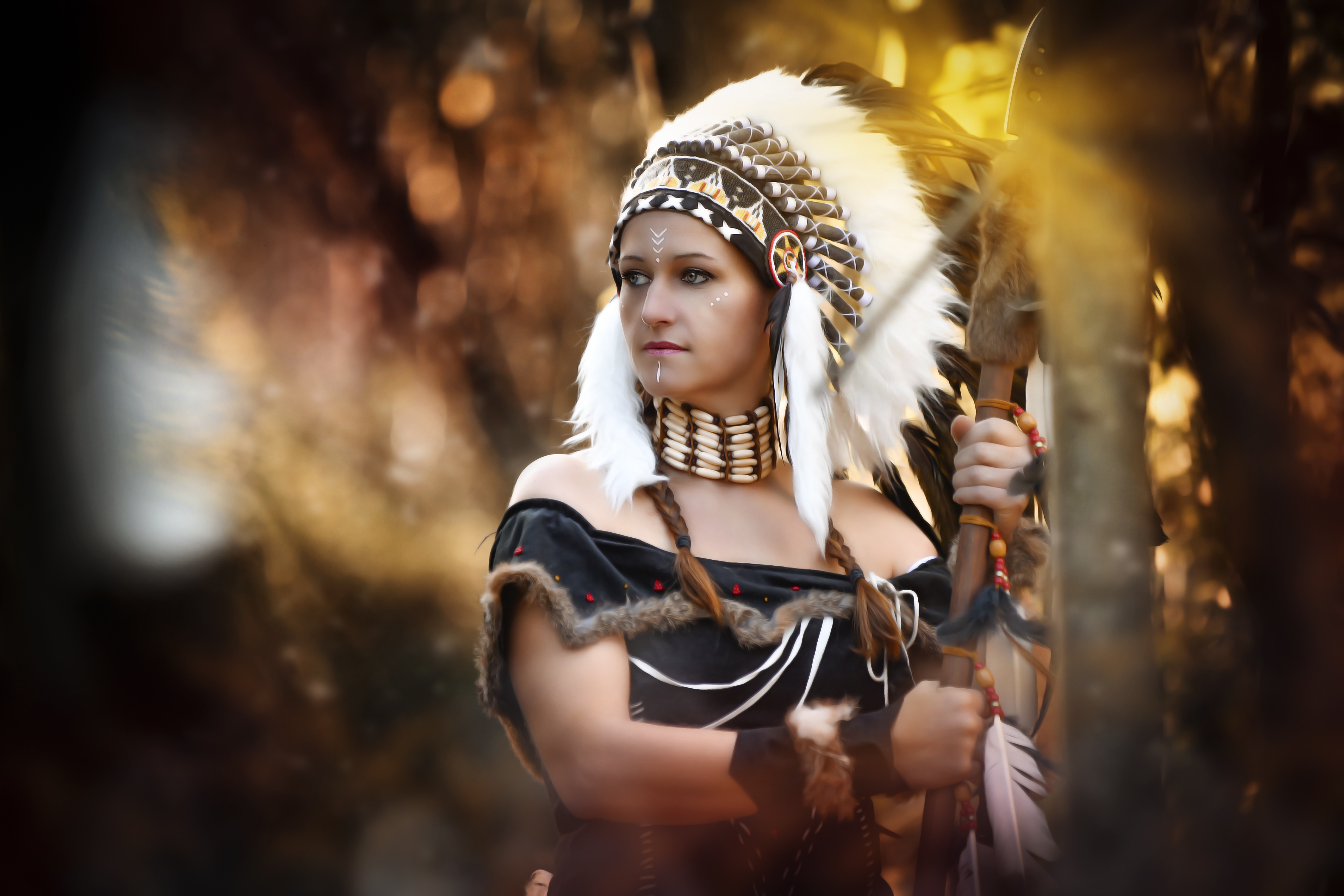 women, native american, blur, cosplay, costume, feather, headdress, mood, portrait, spear cellphone