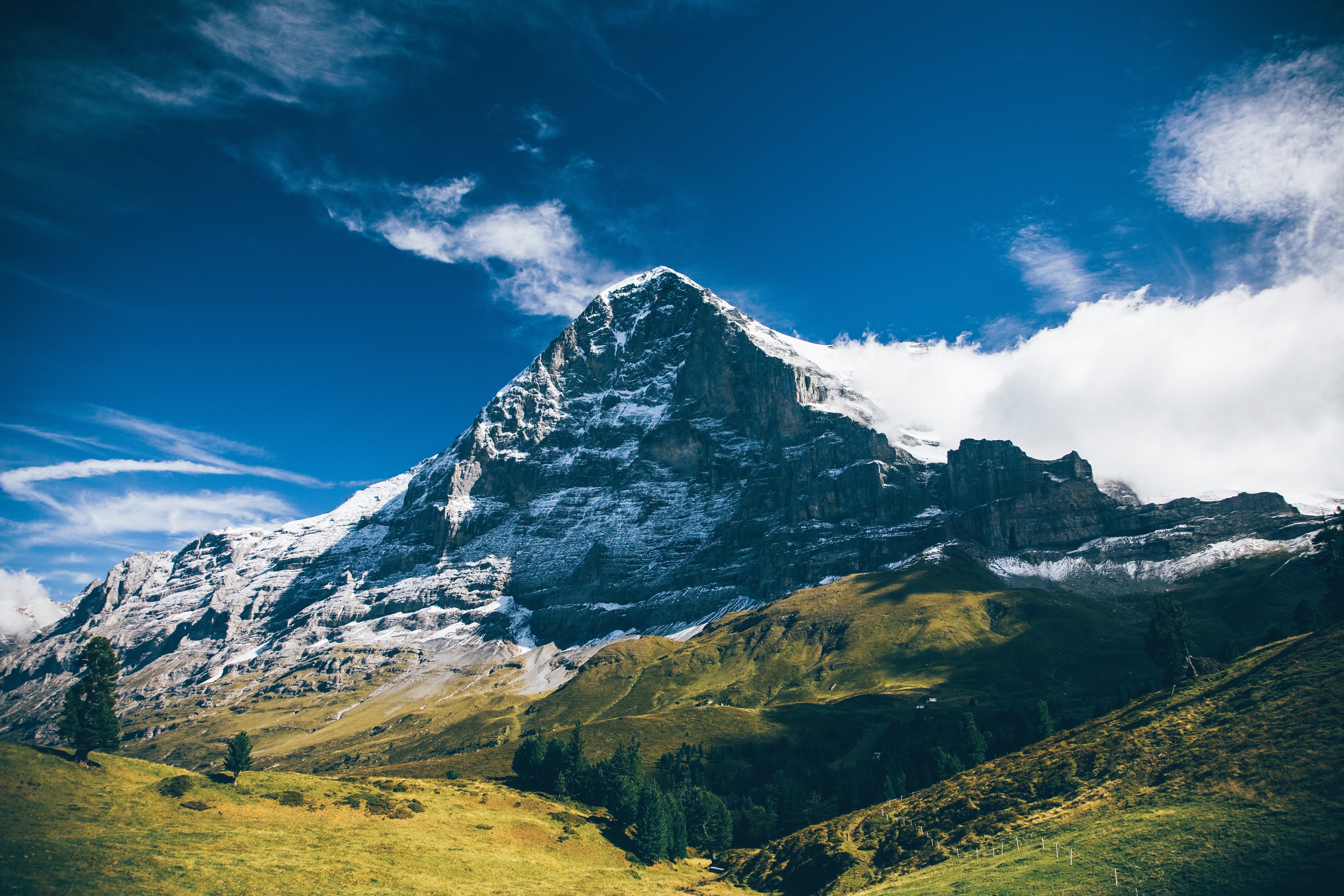 mountains, nature, grass, sky, clouds desktop HD wallpaper