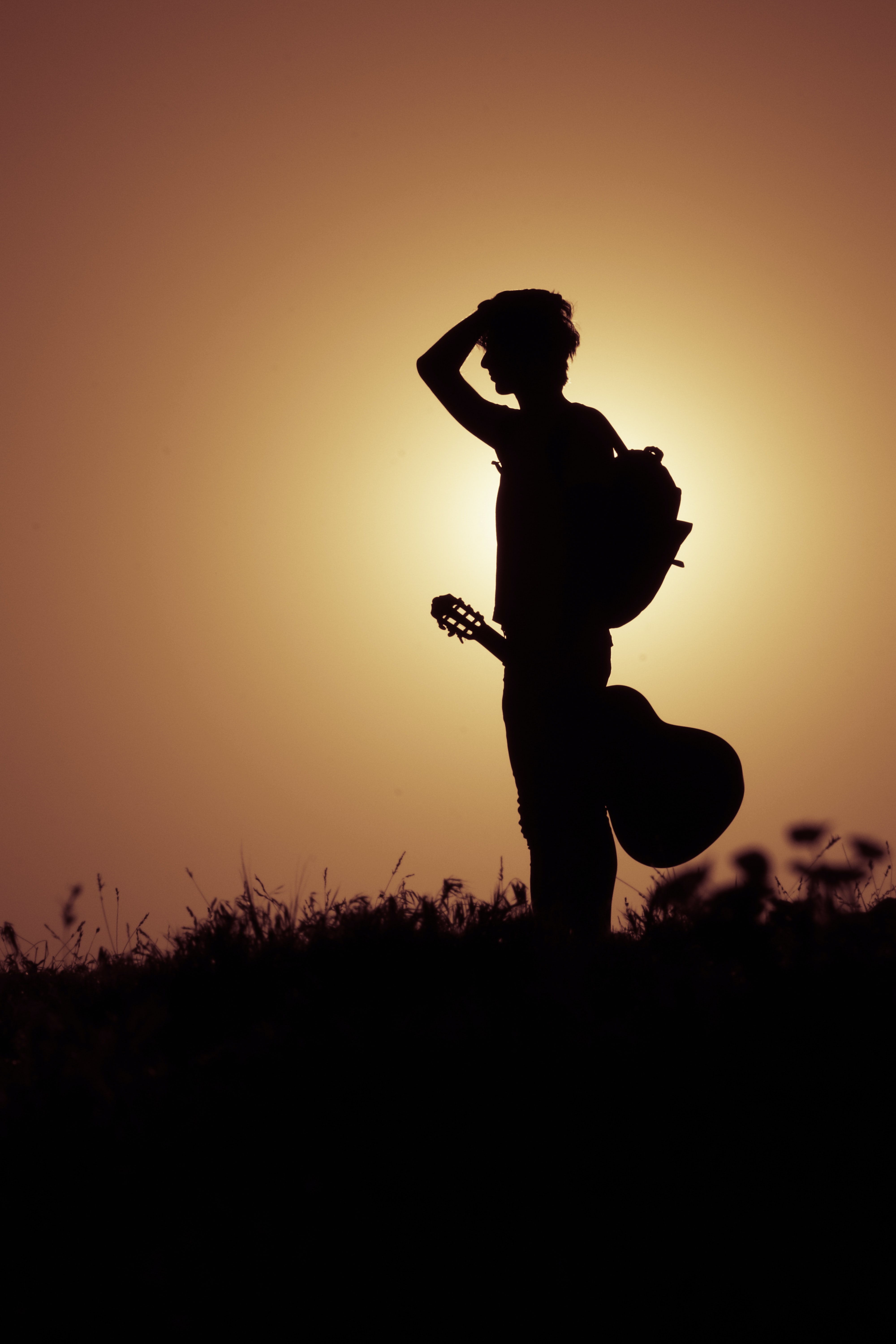 guitar, musician, musical instrument, sunset, silhouette, miscellanea, miscellaneous Smartphone Background